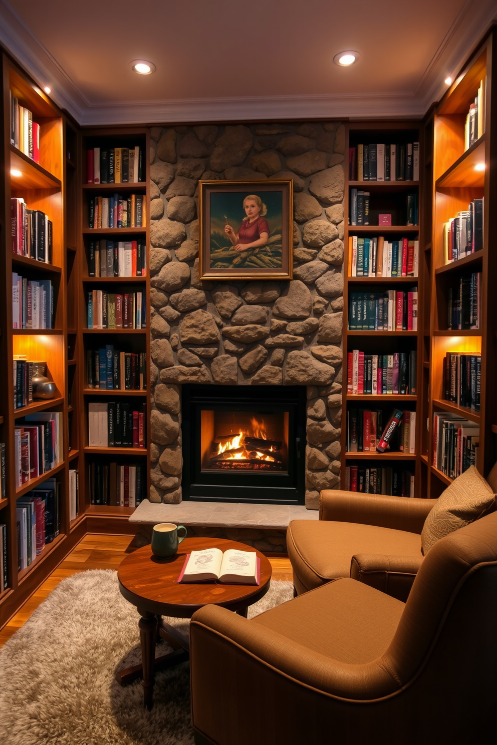 A cozy small home library featuring a built-in bookshelf filled with books on either side of a small fireplace. The fireplace is framed in natural stone, with a comfortable armchair positioned nearby, creating an inviting reading nook. Warm lighting illuminates the space, highlighting the rich wood tones of the bookshelves and the plush area rug underneath. A small wooden table sits beside the armchair, adorned with a steaming cup of tea and a stack of well-loved novels.