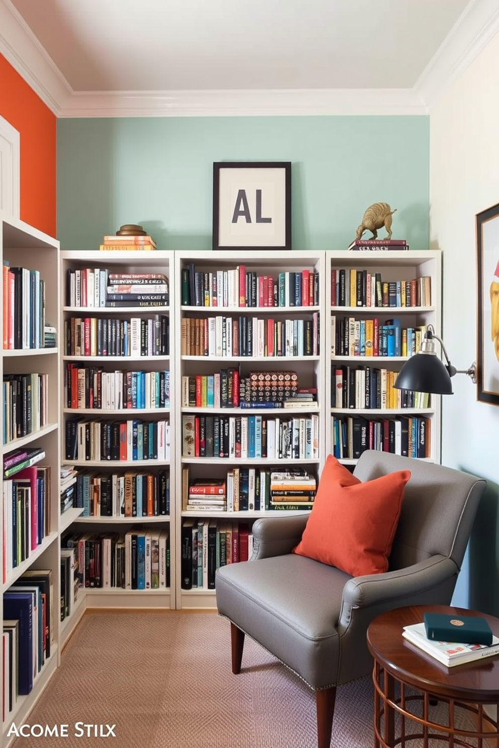 A cozy small home library with a colorful accent wall that adds visual interest. The shelves are filled with books of various sizes, and a comfortable reading chair is placed in the corner, inviting relaxation.