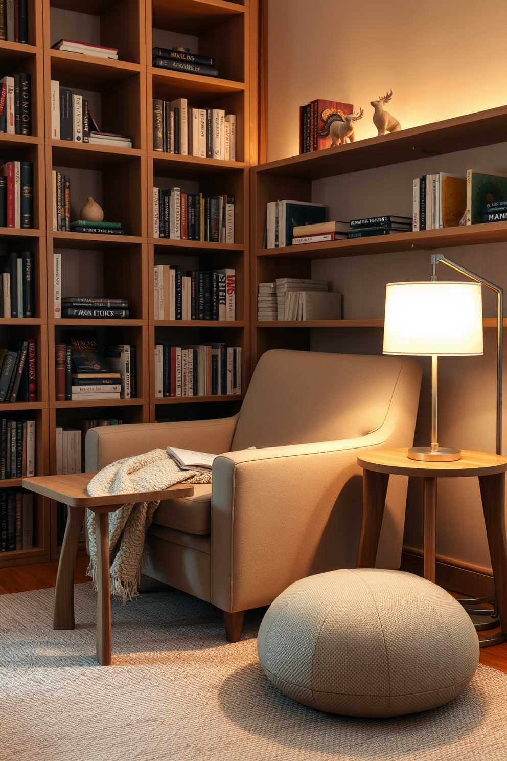 A cozy armchair upholstered in soft fabric is positioned next to a sleek side table made of natural wood. The armchair is placed in a corner of the room, surrounded by shelves filled with books and decorative items, creating an inviting reading nook. Warm lighting from a nearby floor lamp casts a gentle glow over the space, enhancing the relaxed atmosphere. A plush throw blanket drapes over the armchair, inviting you to settle in with a good book.