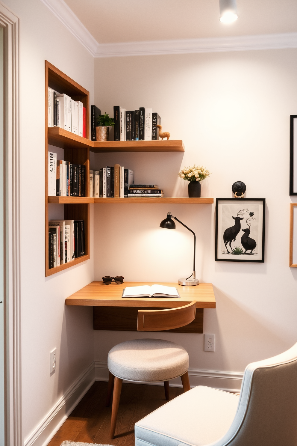 A wall-mounted desk is elegantly designed to maximize space in a cozy small home library. The desk features clean lines and a natural wood finish, complemented by floating shelves above filled with books and decorative items. The library is adorned with soft lighting that creates a warm atmosphere, and a comfortable reading chair is positioned nearby. The walls are painted in a calming light color, enhancing the sense of openness while adding character with framed artwork.