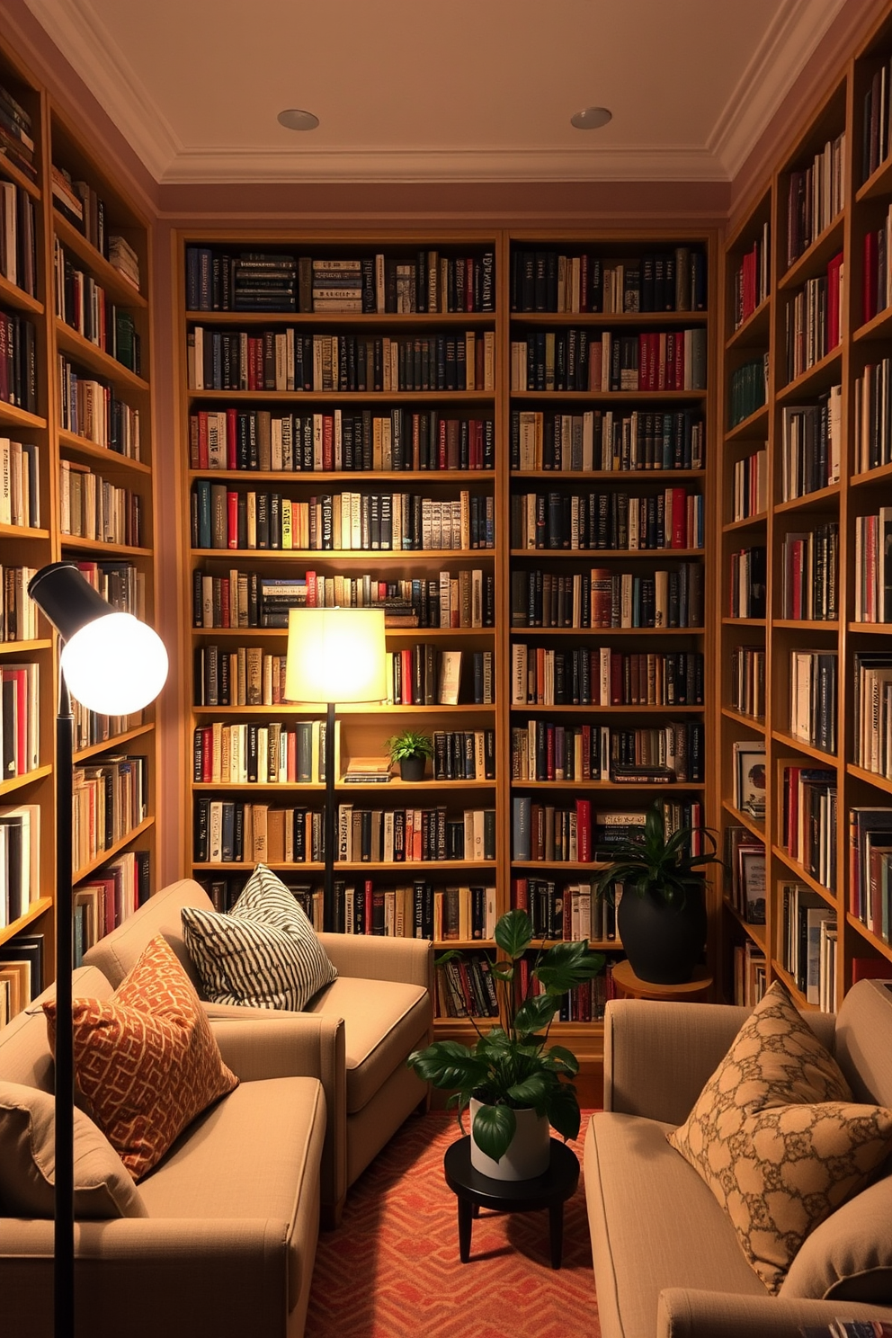 A cozy small home library with layered lighting that creates a warm ambiance. Floor lamps with soft white bulbs illuminate reading nooks while table lamps provide focused light on the bookshelves. Comfortable seating is arranged to encourage relaxation and reading. Bookshelves line the walls, filled with a mix of classic literature and contemporary titles, accented by decorative bookends and plants.