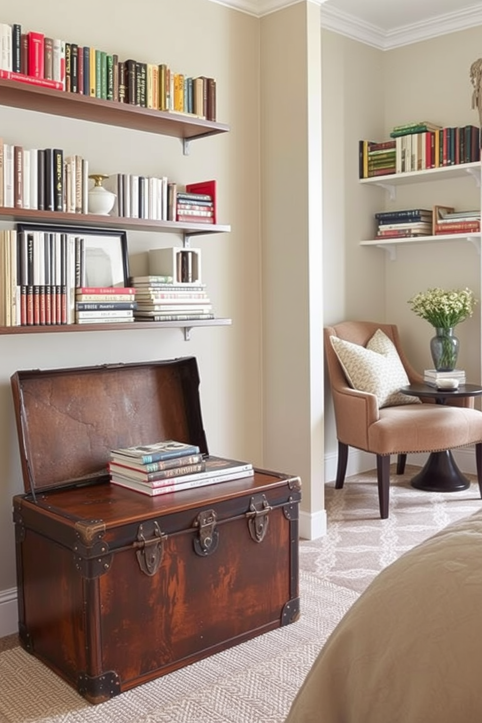 A vintage trunk serves as a stylish storage option, adding character and charm to any space. It can be placed at the foot of a bed or used as a coffee table, providing both functionality and aesthetic appeal. For a small home library, consider using wall-mounted shelves to maximize vertical space. A cozy reading nook with a comfortable chair and a small side table creates an inviting atmosphere for book lovers.