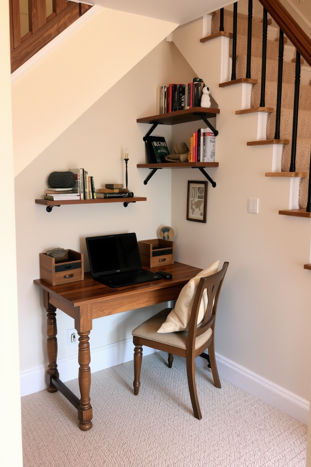 A cozy nook under the stairs serves as a perfect workspace. The walls are painted in a soft cream color, and a small desk with a rustic wood finish is positioned against the wall. A comfortable chair with plush cushions is placed at the desk, creating an inviting atmosphere. Shelves filled with books and decorative items are installed above the desk, adding both style and functionality to the space.