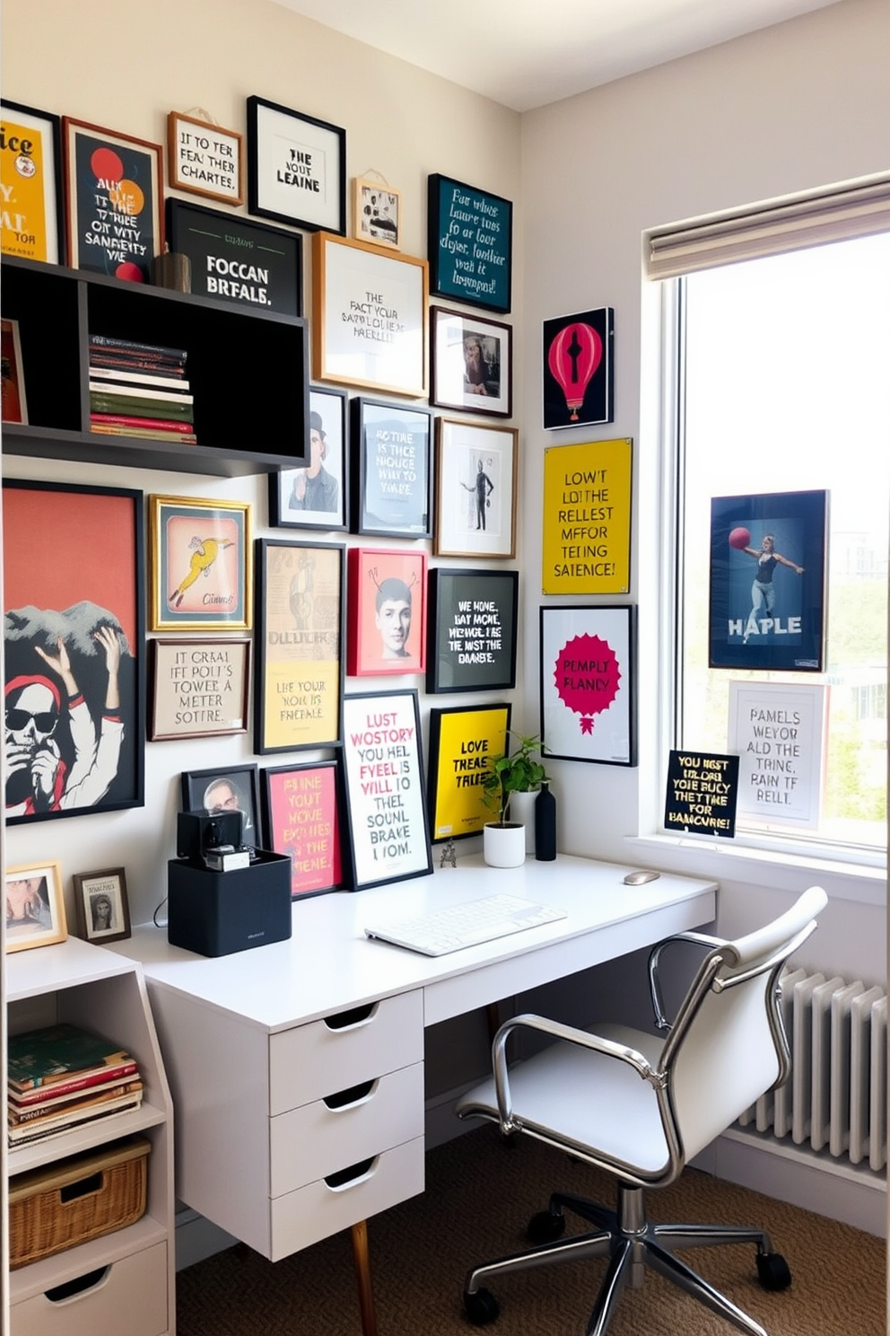 A gallery wall filled with inspiring artwork and motivational quotes creates an energizing atmosphere. The wall features a mix of framed prints, photographs, and vibrant colors that draw the eye and spark creativity. A small home office design incorporates a sleek desk positioned near a window for natural light. The space is accented with stylish shelving units and a comfortable chair, promoting productivity and comfort.