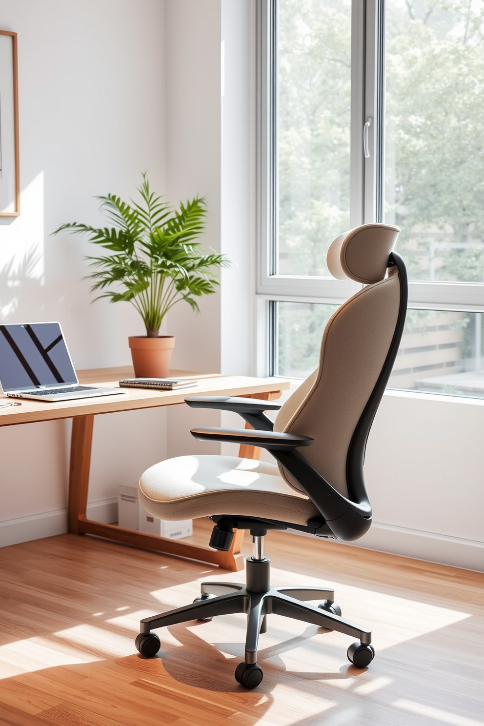 A cozy home office featuring an ergonomic chair designed for comfort and support. The chair is upholstered in a soft fabric and has adjustable features to enhance user experience. The workspace includes a sleek wooden desk with ample surface area for a laptop and stationery. Natural light floods the room through a large window, complemented by minimalist decor and a potted plant for a touch of greenery.