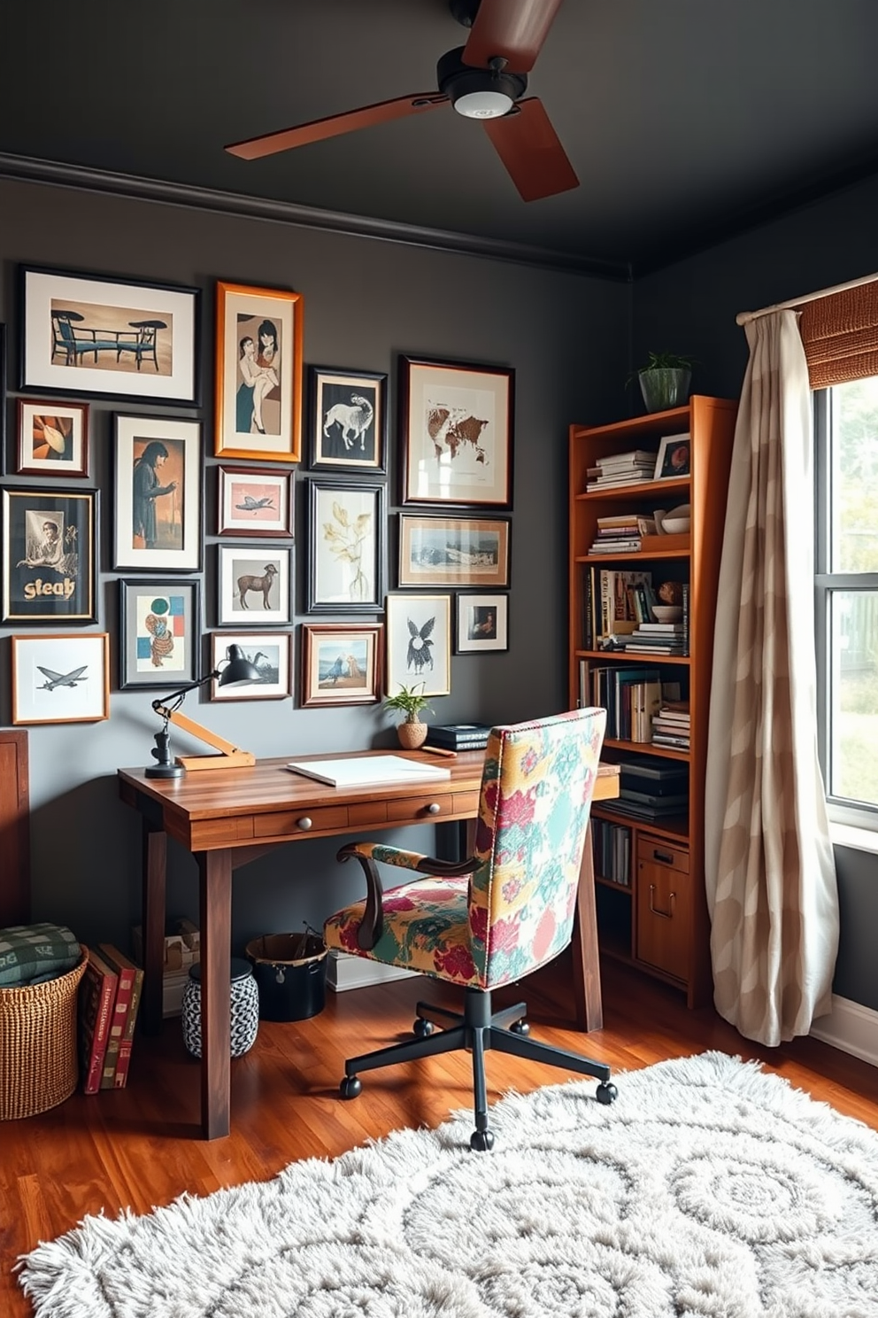 A cozy home office with an eclectic style featuring a mix of vintage and modern furniture. A reclaimed wood desk is paired with a colorful upholstered chair, and a gallery wall of framed art adds character to the space. To the side, a mid-century bookshelf displays an assortment of books and decorative items. A plush area rug anchors the room, while a large window allows natural light to fill the space, creating an inviting atmosphere.