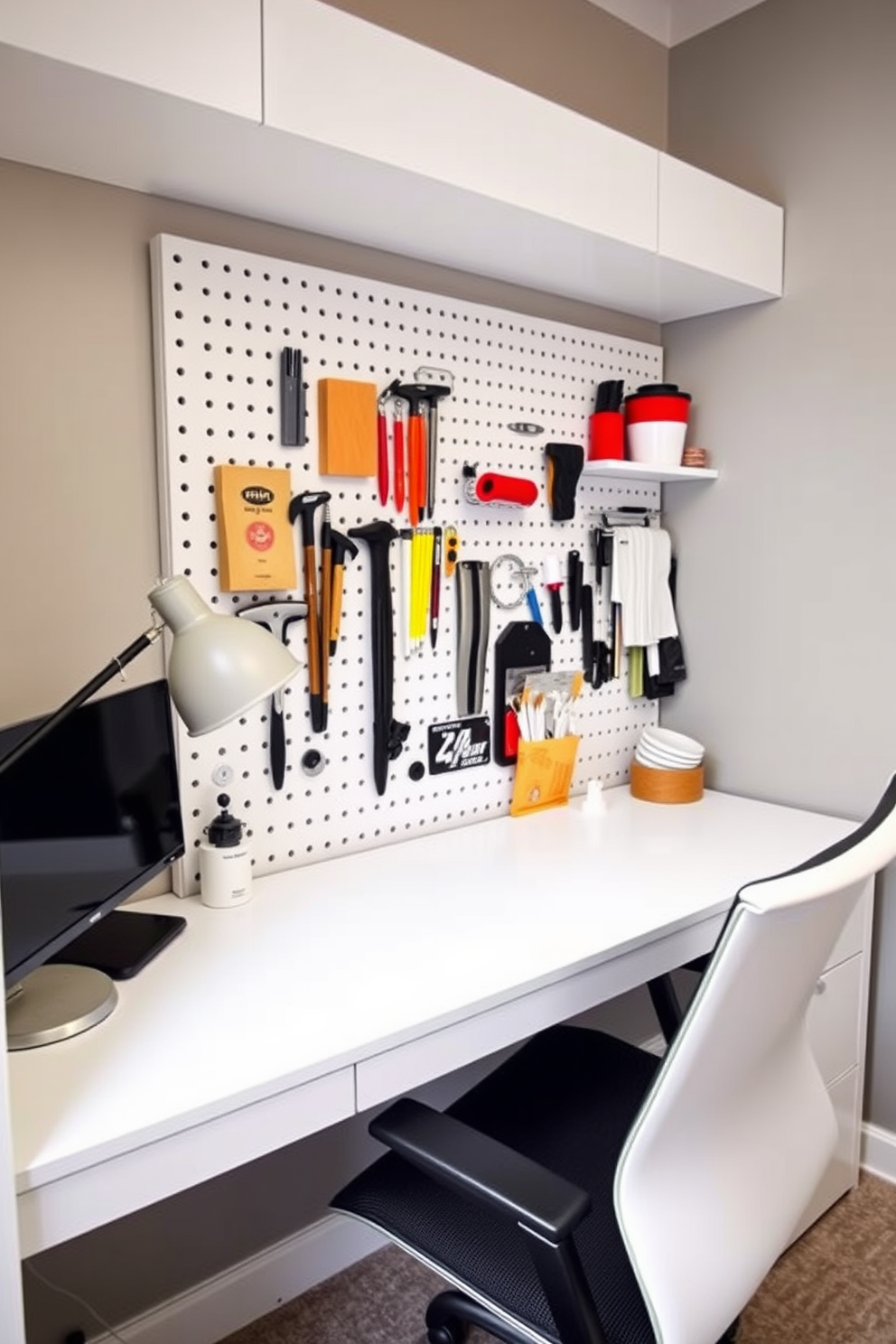 A small home office features a pegboard mounted on the wall, providing organized storage for various supplies and tools. The desk is minimalistic with a sleek design, complemented by a comfortable ergonomic chair and a stylish lamp for adequate lighting.