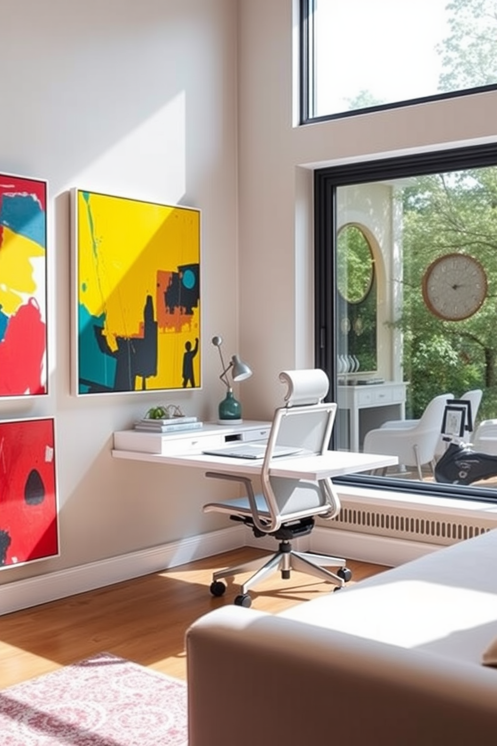 Bright artwork to energize the space. The walls are adorned with colorful abstract paintings that create a vibrant atmosphere. Small home office design ideas. A sleek desk with a minimalist aesthetic is paired with an ergonomic chair, and a large window allows natural light to flood the room.