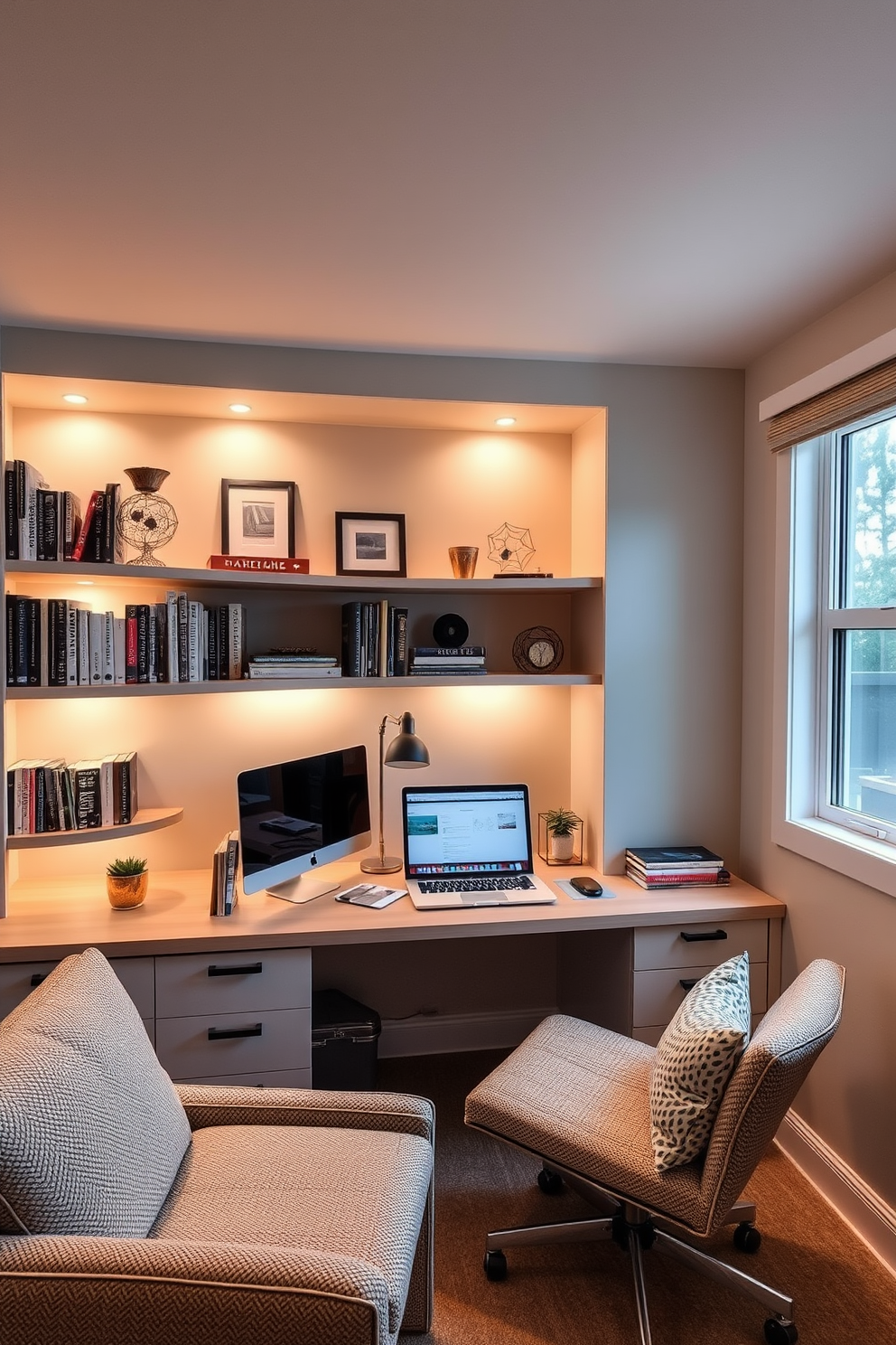 A small home office designed for comfort and productivity. The space features integrated lighting that softly illuminates the room, creating a cozy atmosphere perfect for work. The desk is positioned near a window, allowing natural light to complement the warm glow of the built-in lights. Shelves lined with books and personal decor add character while maintaining a clean and organized look.