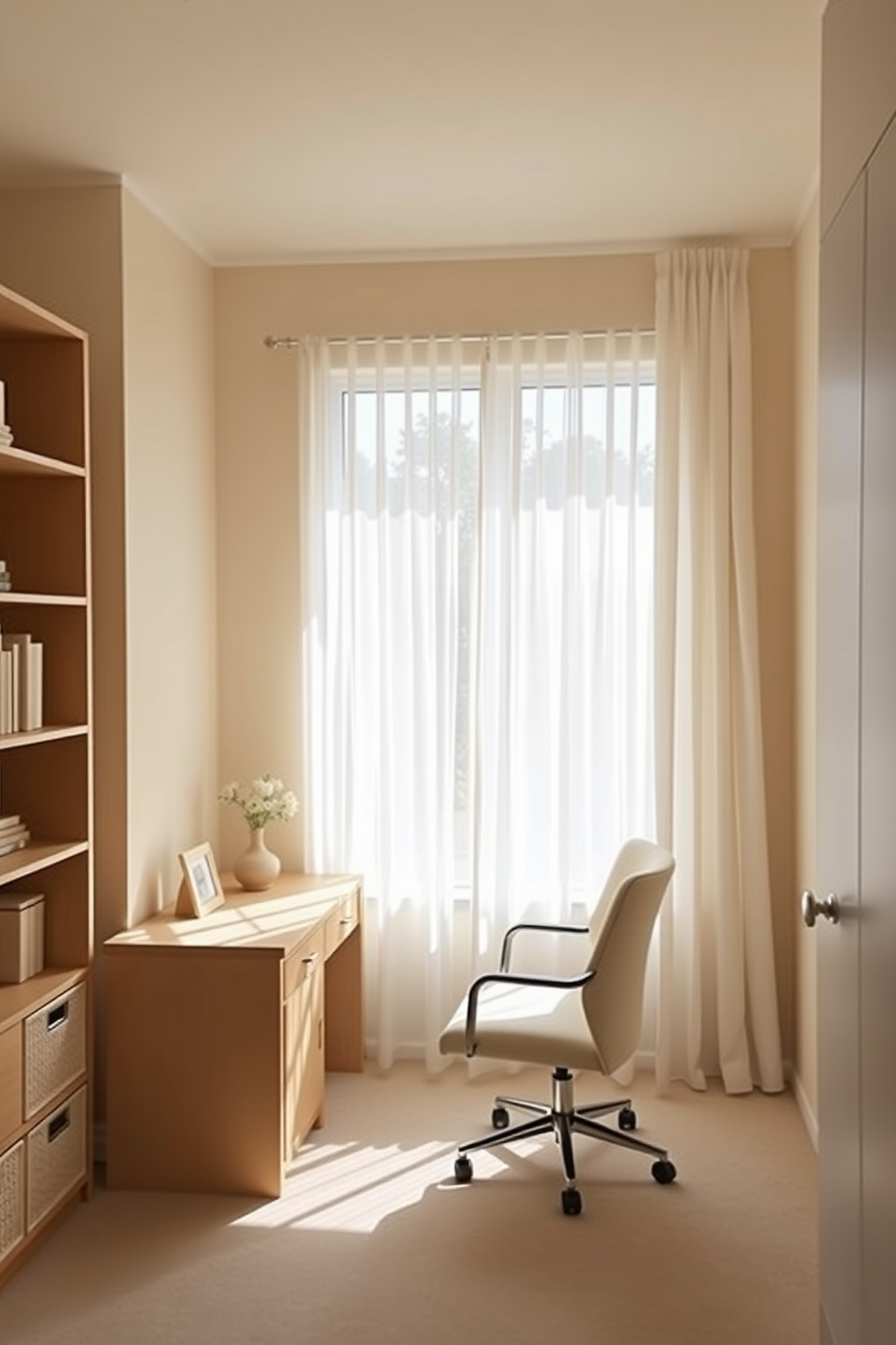 A serene small home office featuring a neutral palette. The walls are painted in a soft beige, complemented by a light wood desk and a comfortable cream chair. Natural light floods the space through a large window adorned with sheer white curtains. A simple bookshelf with minimal decor lines one wall, adding functionality without cluttering the atmosphere.