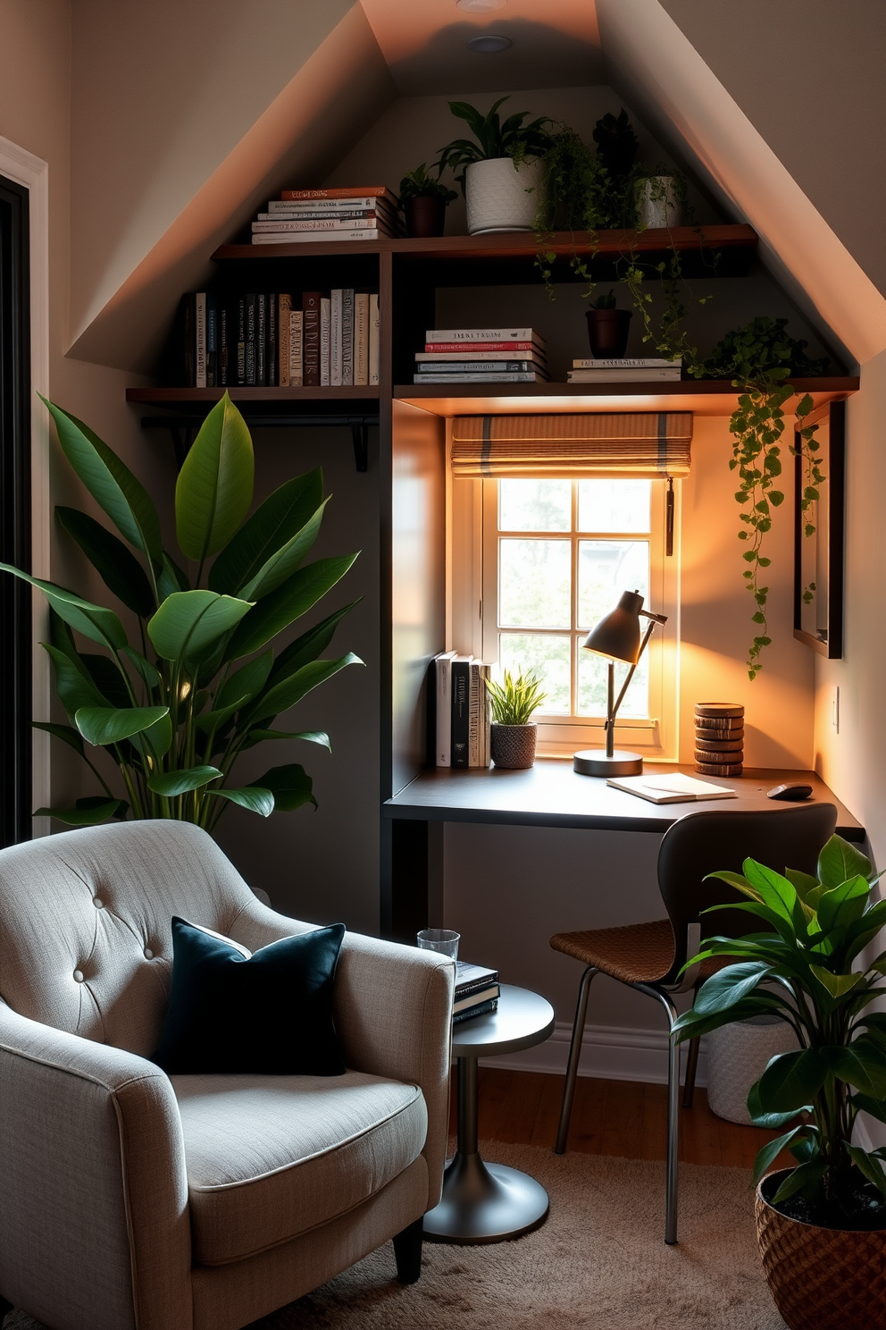 Create a cozy reading nook featuring a plush armchair in a soft fabric. A small side table holds a stack of books and a warm lamp to create an inviting atmosphere. Design a small home office with a sleek desk positioned near a window for natural light. Incorporate shelves above the desk to store books and office supplies, adding a touch of greenery with potted plants.