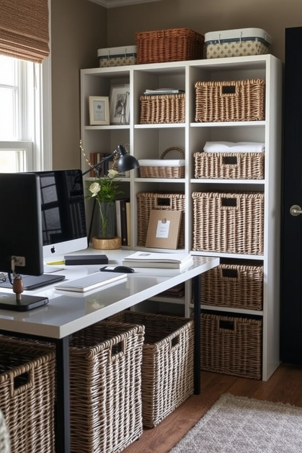 A cozy small home office features stylish storage solutions using woven baskets. The desk is positioned near a window, allowing natural light to brighten the space while maintaining an organized and inviting atmosphere.