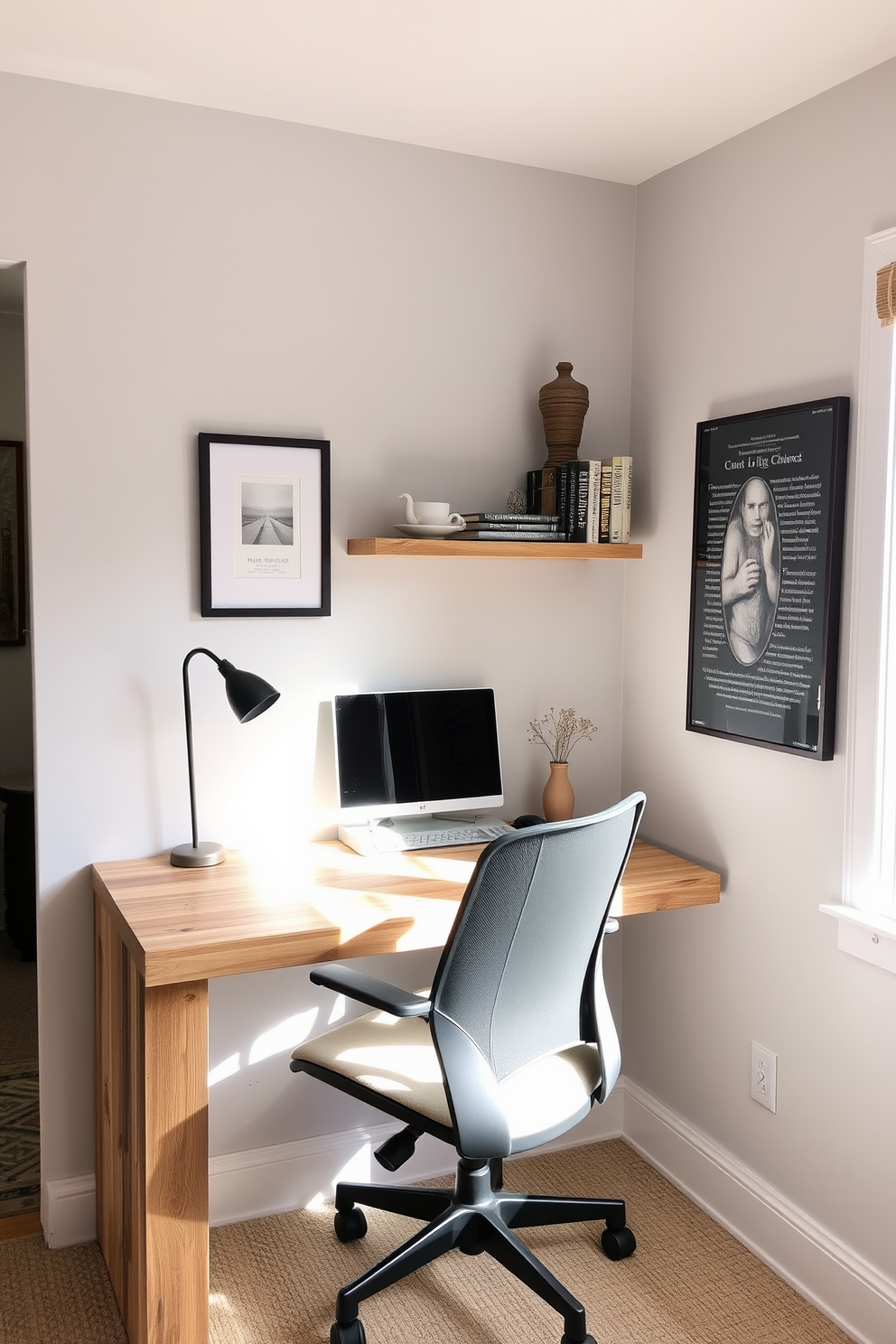 A cozy small home office features a compact desk made of reclaimed wood positioned against a light gray wall. A small bookshelf is mounted above the desk, neatly organizing books and decorative items, adding a touch of personality to the space. A comfortable ergonomic chair in a soft fabric complements the desk, providing a stylish yet functional seating option. Natural light floods the room through a nearby window, enhancing the warm atmosphere and making it an inviting place to work.