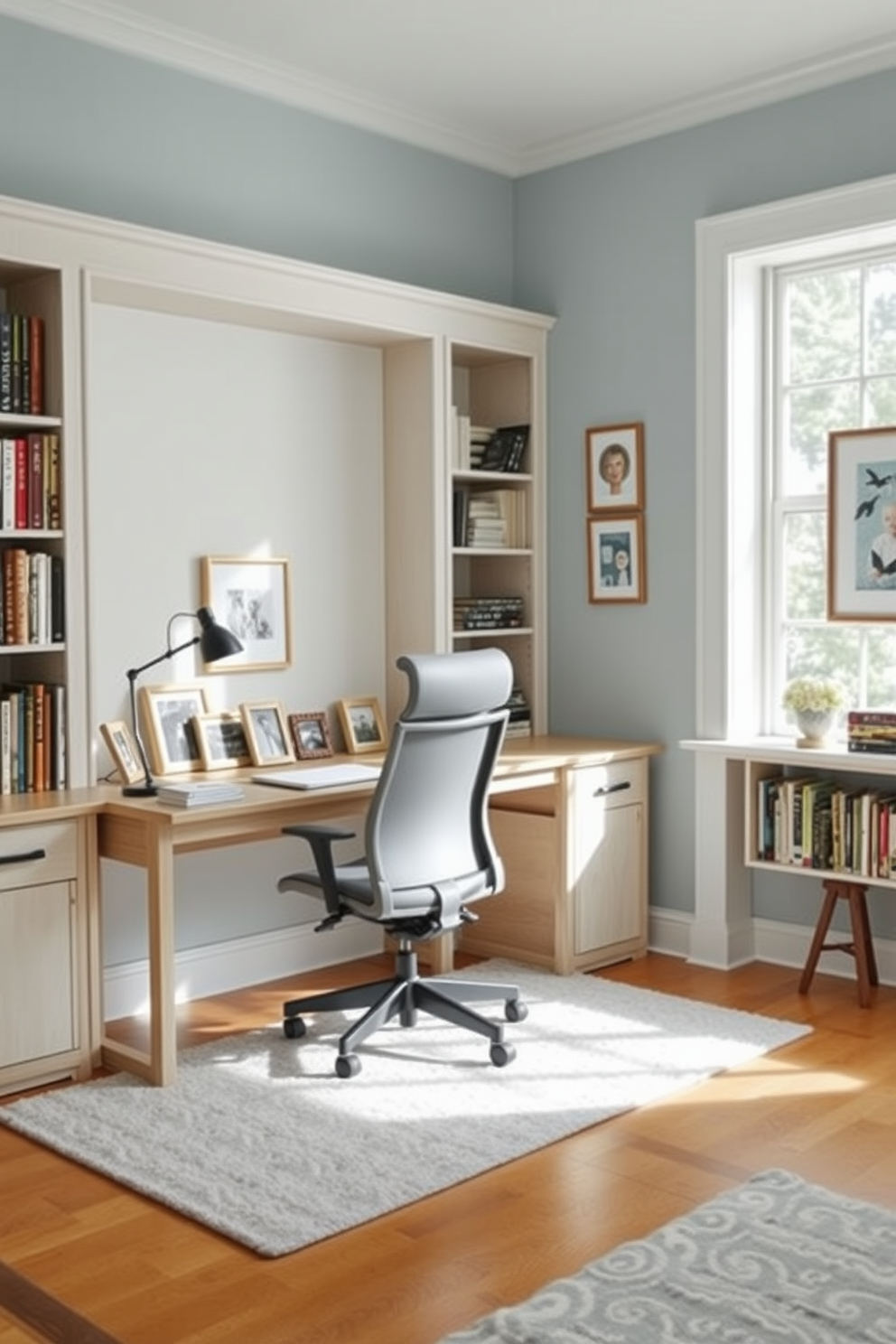 A cozy home office with a light wood desk positioned against a wall of built-in shelves filled with books and decorative items. A comfortable ergonomic chair sits at the desk, complemented by a soft area rug beneath and a large window allowing natural light to brighten the space. Incorporate personal touches by adding framed photos on the desk and wall art that reflects your personality. Use a calming color palette of soft blues and whites to create a serene atmosphere conducive to productivity.