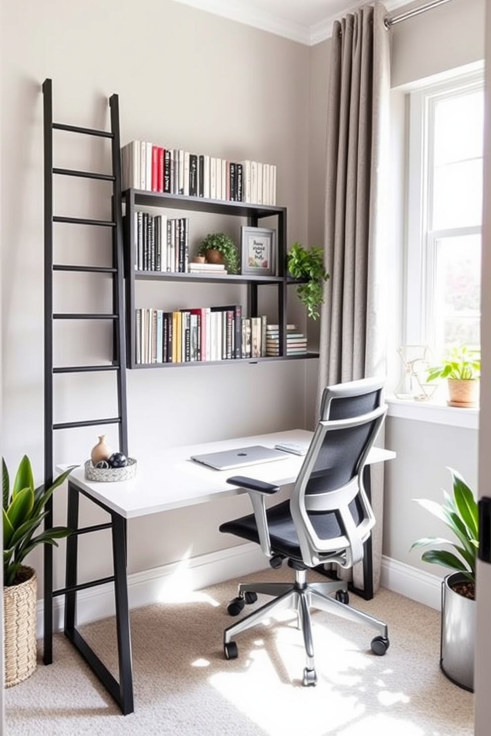 A cozy small home office features a stylish ladder shelf against one wall, filled with books and decorative items. A sleek desk sits beneath a window, providing natural light, paired with a comfortable ergonomic chair for optimal productivity.