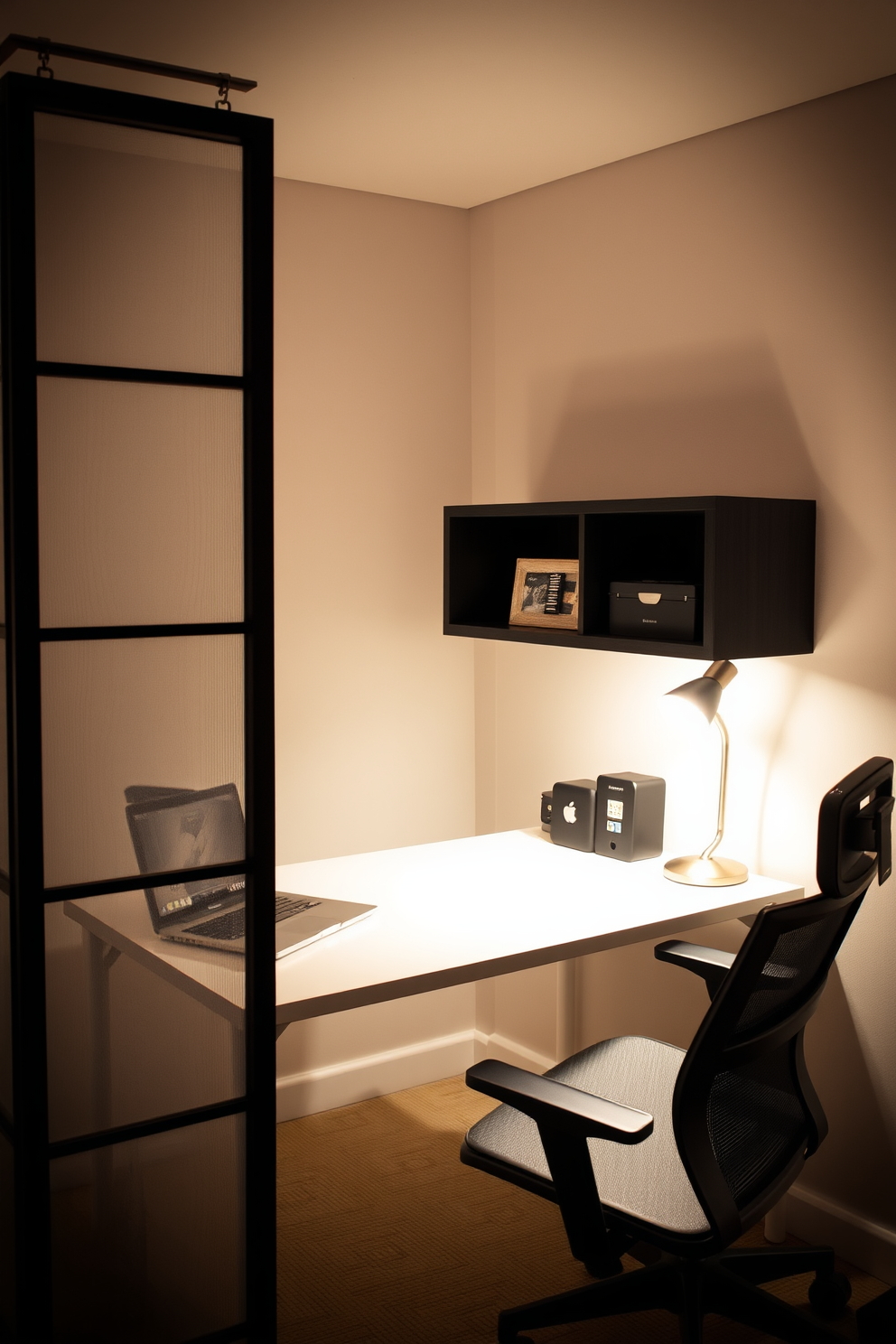 A cozy small home office featuring a stylish room divider that provides privacy while maintaining an open feel. The desk is positioned against the wall, adorned with a sleek laptop and a desk lamp, complemented by a comfortable ergonomic chair. The room divider showcases a modern design with decorative panels that add visual interest. Soft, ambient lighting illuminates the space, creating a warm and inviting atmosphere perfect for productivity.