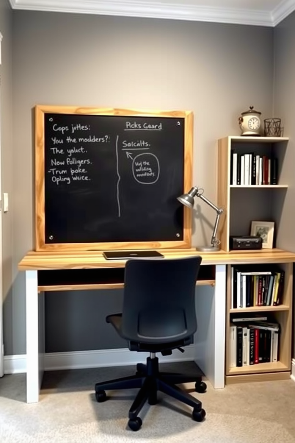 A cozy small home office featuring a sleek desk made of reclaimed wood positioned against a wall. Above the desk, a large chalkboard is mounted for jotting down notes and reminders, adding a touch of functionality and creativity. The walls are painted in a soft gray tone, complemented by bright white trim. A comfortable ergonomic chair sits at the desk, and a small bookshelf filled with books and decorative items is placed in the corner.