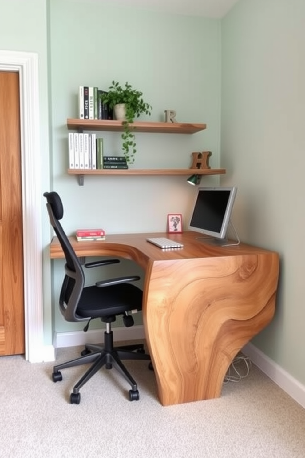 A small home office features a desk with an asymmetrical design made of reclaimed wood. The desk is paired with an ergonomic chair that complements the organic shapes of the workspace. The walls are painted in a soft pastel hue to create a calming atmosphere. A floating shelf above the desk holds books and decorative items, while a potted plant adds a touch of greenery.