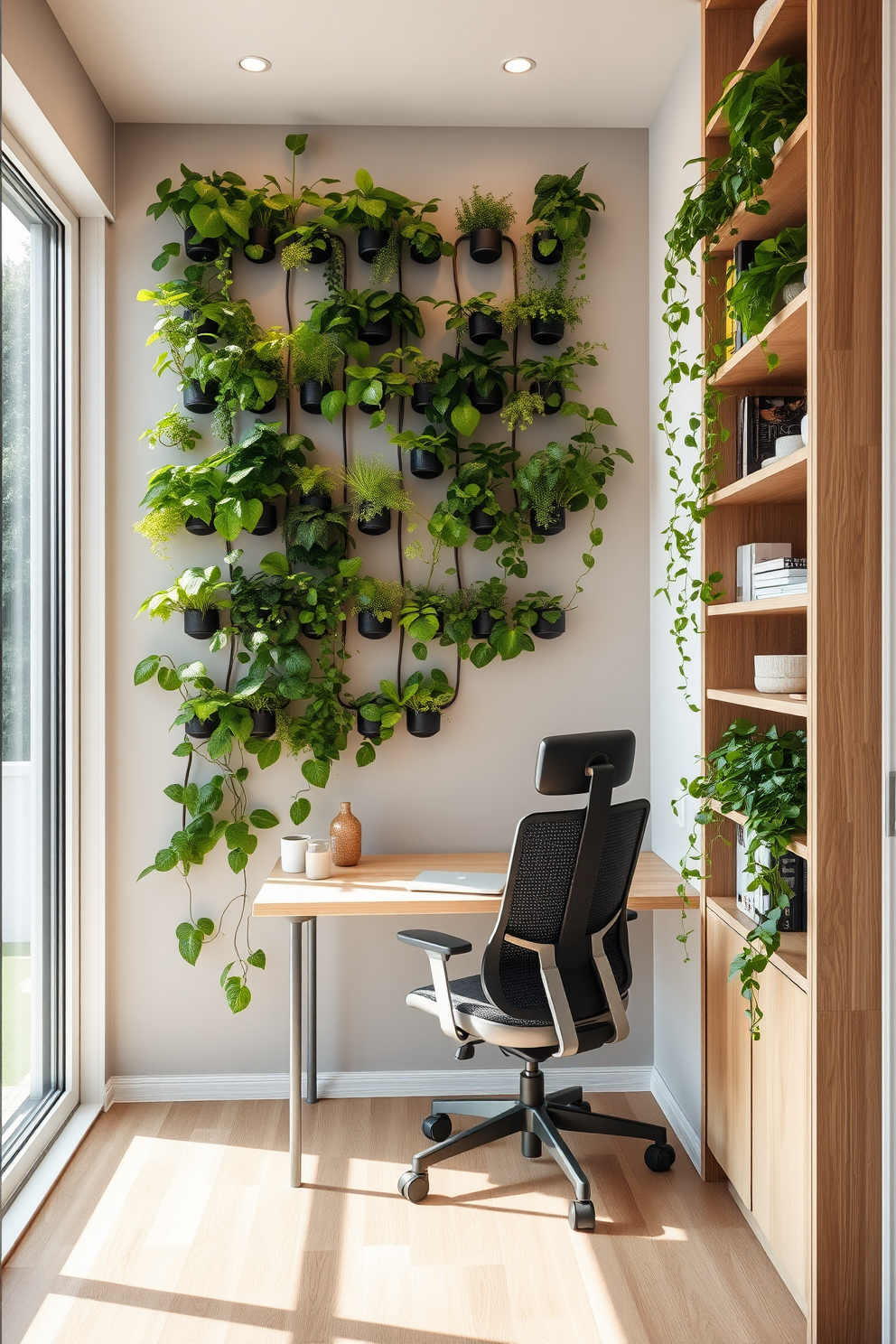 A vertical garden filled with lush green plants creates a refreshing atmosphere while enhancing the decor of the space. The garden is mounted on a feature wall, providing a vibrant backdrop for the home office. The small home office features a sleek desk made of light wood paired with a comfortable ergonomic chair. Natural light floods the room through a large window, illuminating the minimalist shelving that holds books and decorative items.