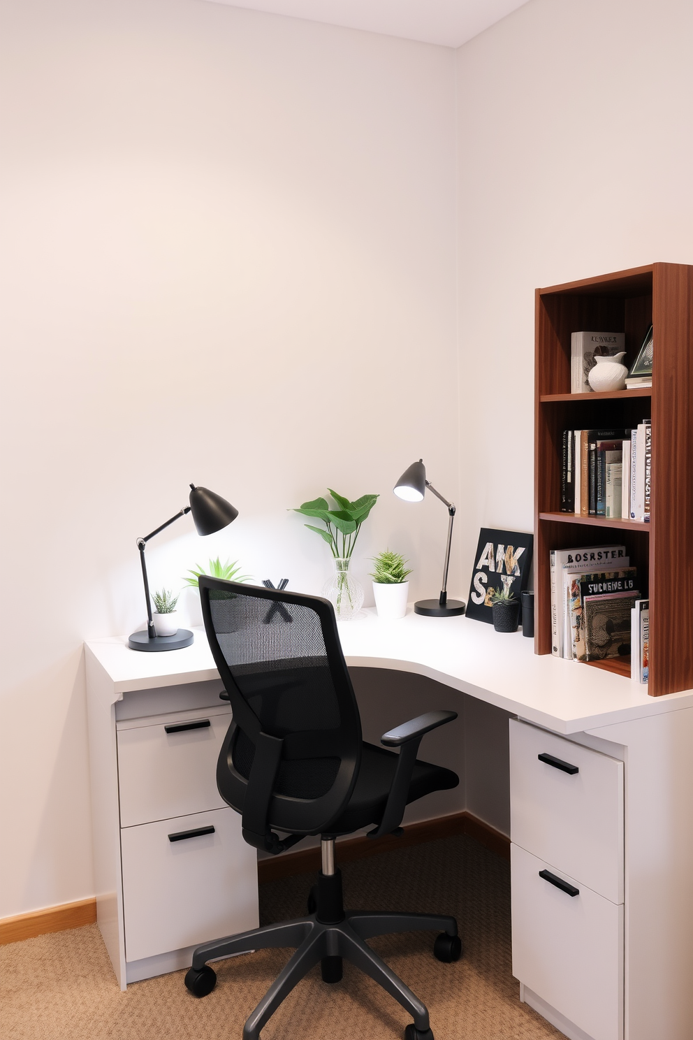 A cozy corner office setup with a sleek desk positioned against the wall. The desk features a modern ergonomic chair and is adorned with a stylish desk lamp and a few decorative plants. The walls are painted in a soft neutral tone, creating a calming atmosphere. A small bookshelf filled with books and personal items is placed next to the desk, adding both functionality and character to the space.