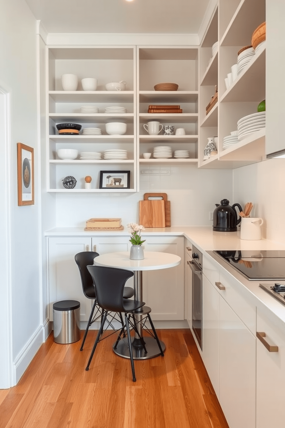 A small kitchen with maximized vertical storage features open shelves that showcase neatly arranged dishware and decorative items. The walls are painted in a light, airy color, and the countertops are clutter-free, emphasizing the efficient use of space. Incorporate a compact dining area with a round table and stylish chairs, creating a cozy atmosphere. The flooring is a warm wood tone, complementing the overall design while enhancing the kitchen's inviting feel.