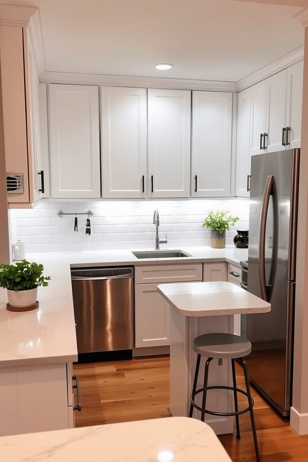 A cozy small kitchen with under-cabinet lighting that creates a warm and inviting atmosphere. The cabinets are painted in a soft white, complemented by a light gray backsplash and sleek stainless steel appliances. A compact island with bar stools provides additional seating and workspace. The countertops are made of quartz, offering both durability and elegance while a potted herb garden adds a touch of greenery.