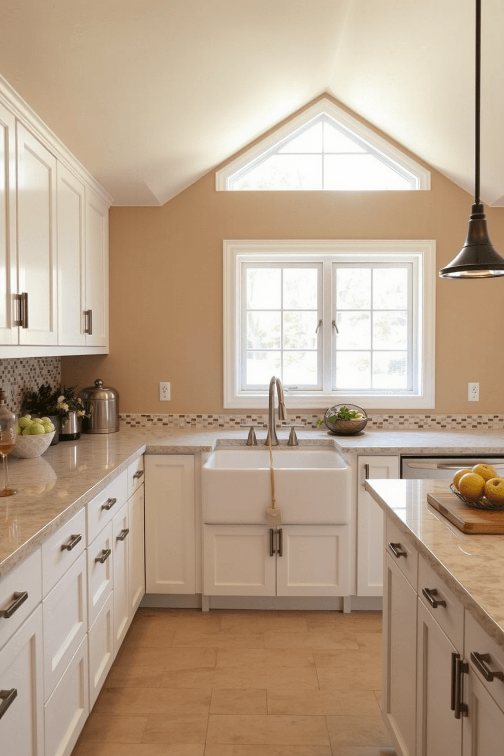 A cozy kitchen design featuring a spacious layout with ample counter space. The focal point is a large farmhouse sink that blends functionality with style, surrounded by sleek cabinetry in a soft white finish. The walls are painted in a warm beige tone, creating an inviting atmosphere. A stylish backsplash with subtle mosaic tiles adds a touch of elegance, while natural light floods the room through a large window above the sink.