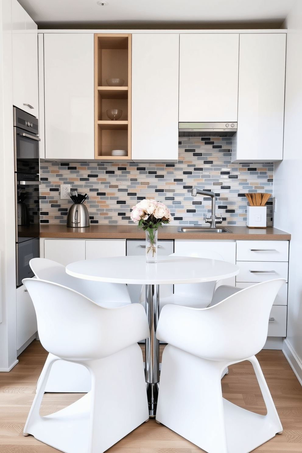 A small kitchen featuring a round table that maximizes space efficiency. The table is surrounded by four stylish chairs, creating an inviting dining area without overwhelming the room. The kitchen cabinets are sleek and modern, finished in a soft white hue that enhances the bright and airy atmosphere. A backsplash of colorful tiles adds a pop of personality, complementing the overall design.