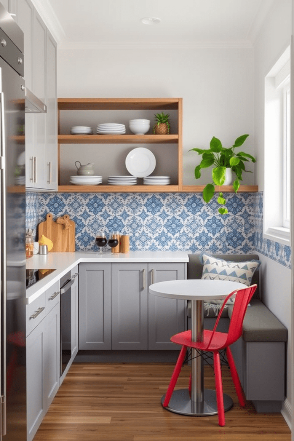 A small kitchen design featuring a stylish backsplash that complements the cabinetry. The space includes sleek, modern appliances and a cozy breakfast nook with a round table and colorful chairs. The backsplash showcases intricate tile patterns in shades of blue and white, adding a pop of color to the neutral walls. Open shelving displays curated dishware and plants, enhancing the kitchen's inviting atmosphere.