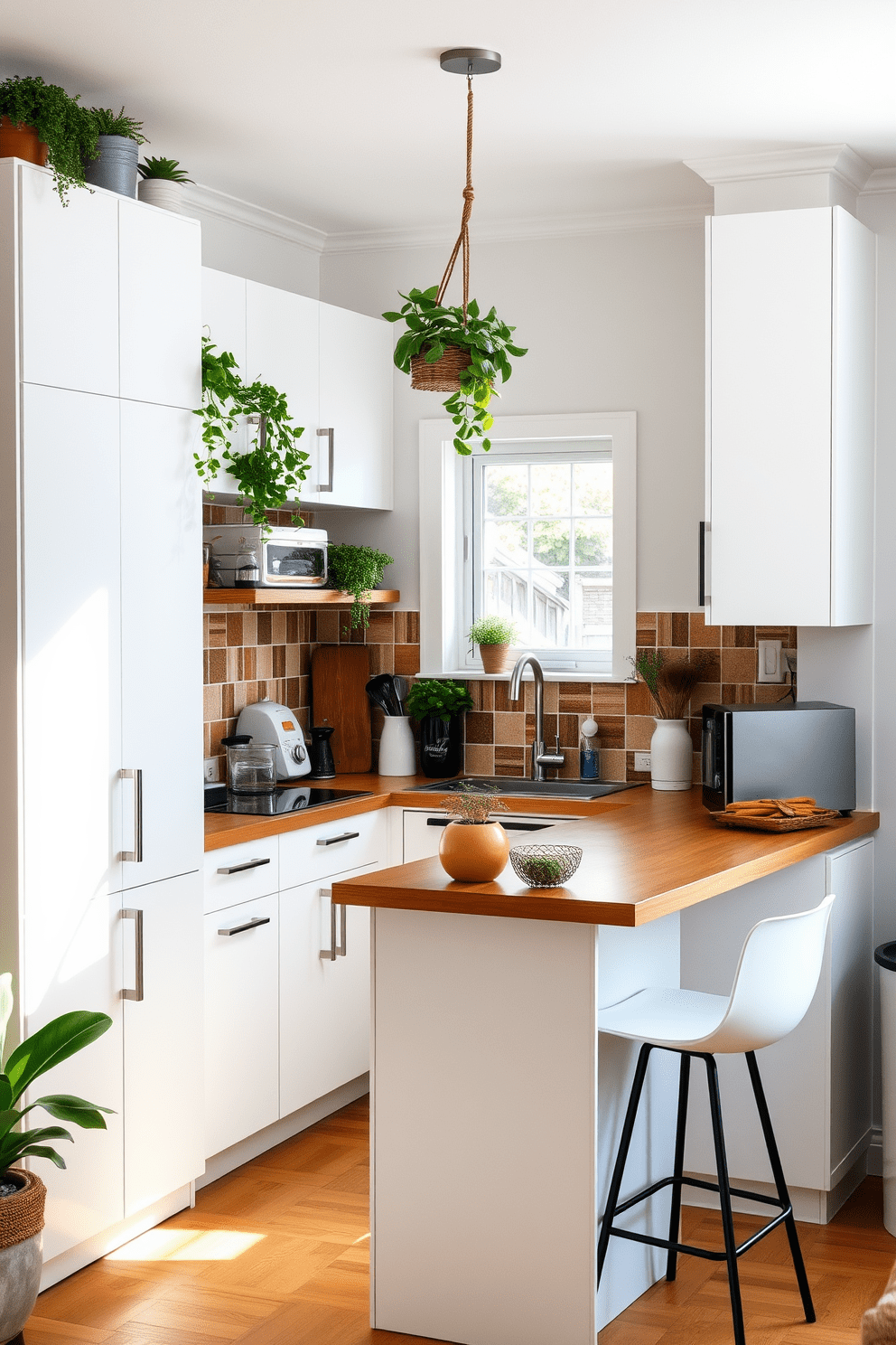 A cozy small kitchen design featuring sleek white cabinetry and a compact island with bar stools. Potted herbs and hanging plants add a touch of greenery, enhancing the inviting atmosphere. The backsplash is adorned with colorful tiles that bring character to the space. Natural light floods in through a small window, illuminating the warm wood accents and modern appliances.