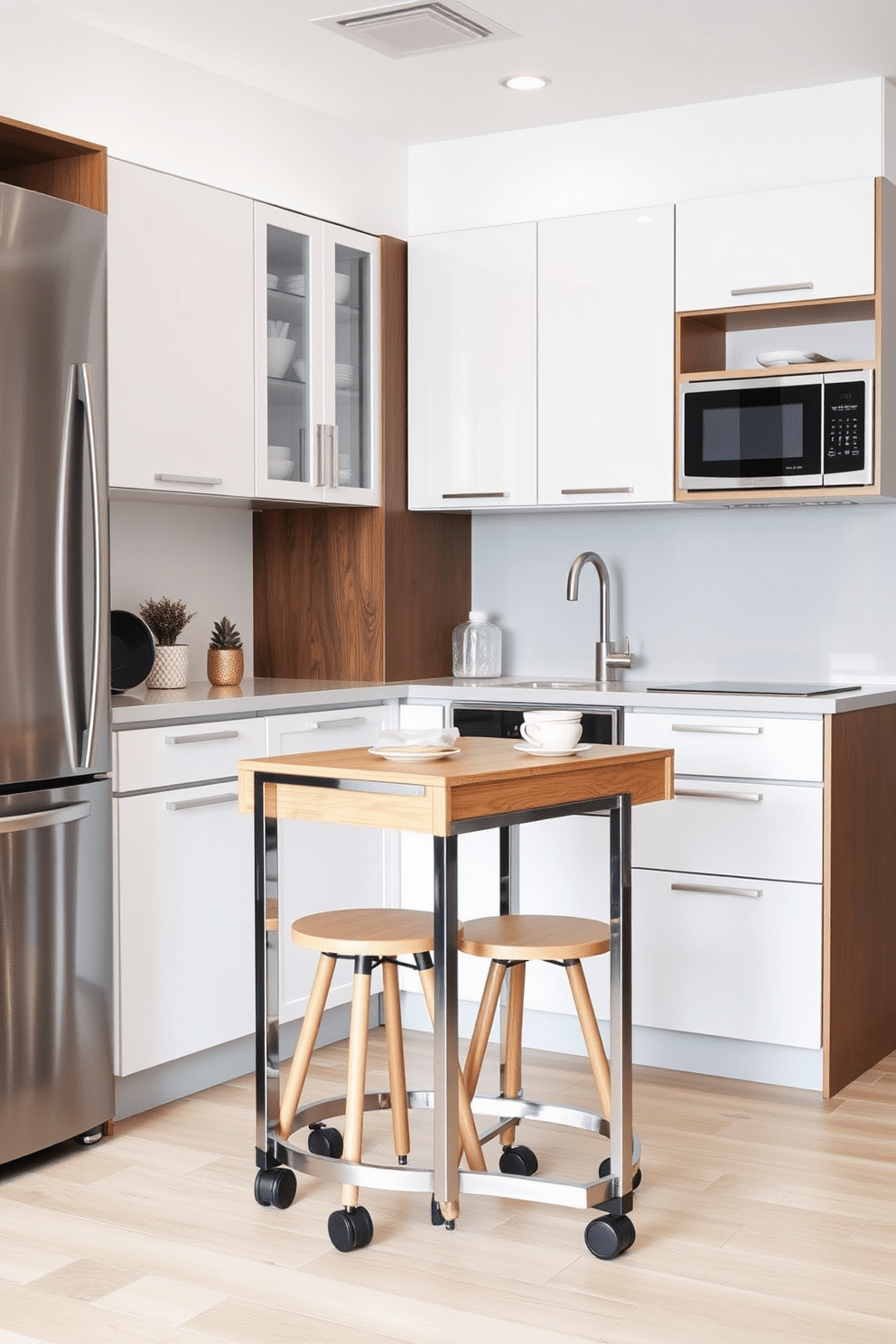 A modern small kitchen design featuring a sleek rolling cart that adds mobility and functionality. The cart is made of stainless steel with wooden accents, providing extra storage and workspace. The kitchen includes compact appliances and a minimalist design with white cabinetry and a light gray backsplash. A small dining area with two stools is integrated into the space, maximizing usability without sacrificing style.