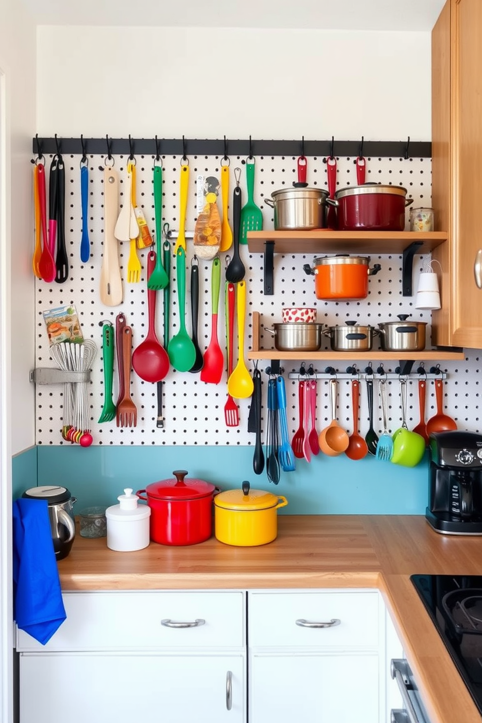 A small kitchen featuring a pegboard on the wall for organization. The pegboard is filled with hooks and shelves displaying colorful utensils and pots, creating a functional and stylish space.