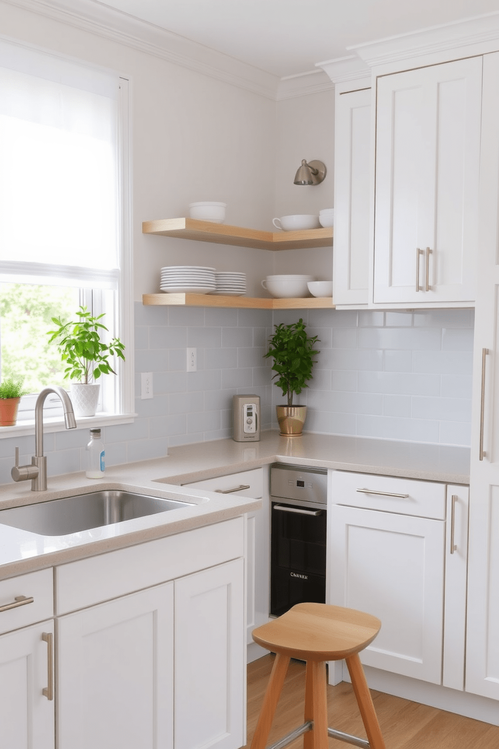 A bright and airy small kitchen featuring white cabinetry with sleek handles and a light gray backsplash. The countertop is a polished quartz in a soft beige tone, complemented by a small island with bar stools in a light wood finish. Natural light floods the space through a large window above the sink, adorned with sheer white curtains. Open shelving displays neatly arranged dishware and potted herbs, adding a touch of greenery to the design.