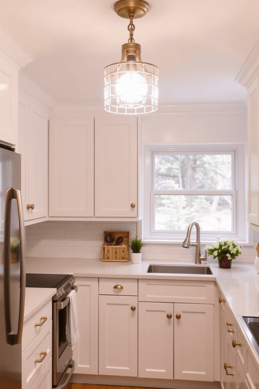 A small kitchen design featuring a statement light fixture that serves as a focal point. The cabinetry is a soft white with gold hardware, complementing the light fixture's elegant design.