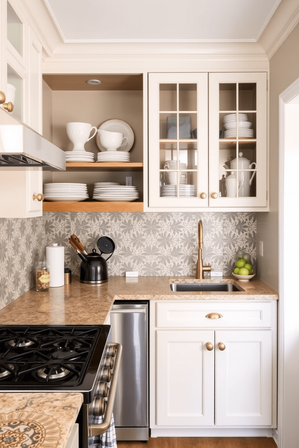 A cozy small kitchen featuring patterned tiles on the backsplash to add visual interest. The cabinetry is painted in a soft pastel color, complemented by brass hardware and open shelving displaying elegant dishware.