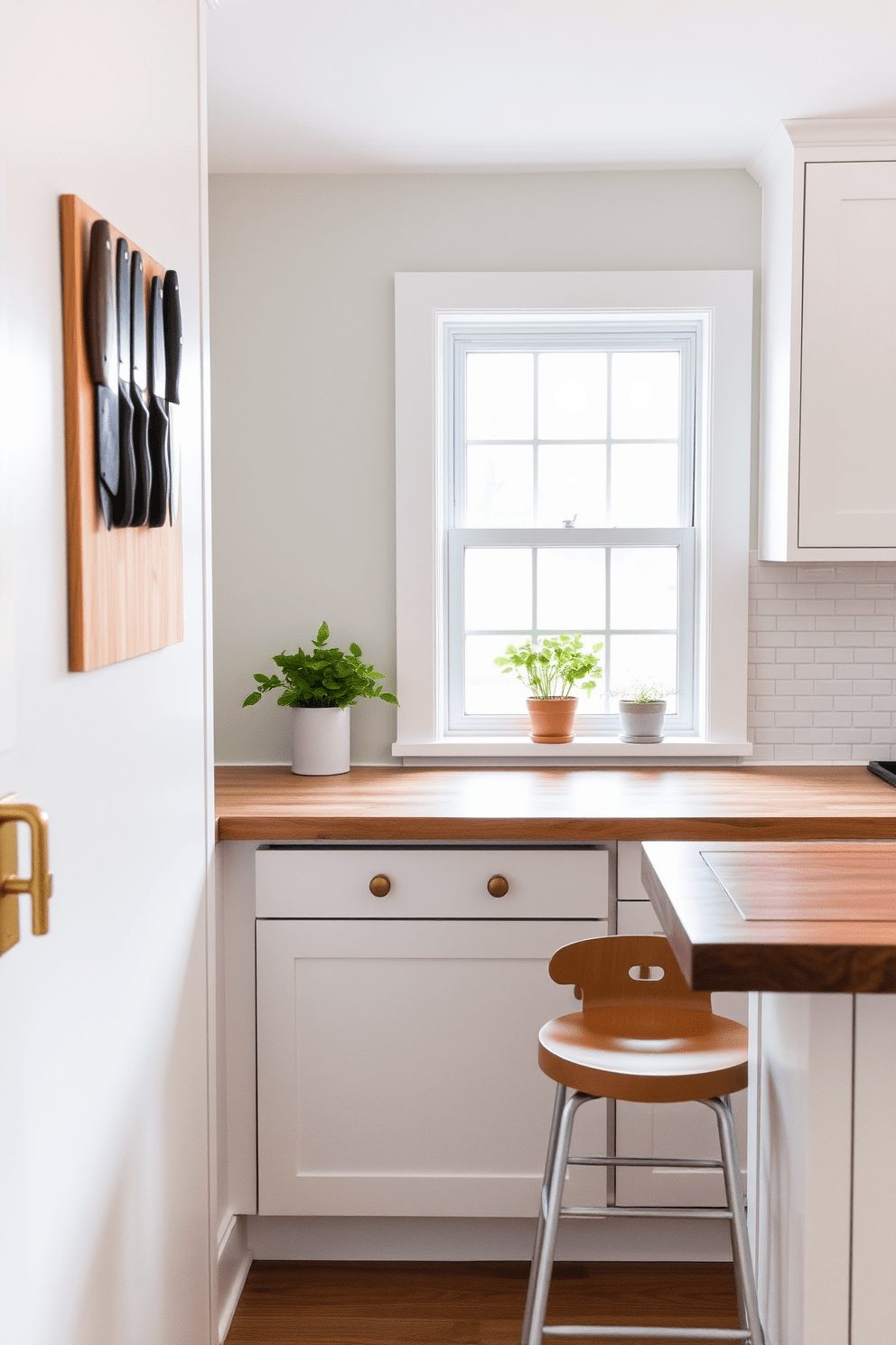 A cozy and functional small kitchen design featuring a magnetic knife strip mounted on the wall for easy access to knives. The cabinetry is painted in a soft white with brass hardware, and the countertops are a warm butcher block that adds a touch of natural beauty. The backsplash is adorned with light gray subway tiles, creating a clean and modern look. A small island with bar stools provides additional seating and workspace, while potted herbs on the windowsill add a pop of greenery.