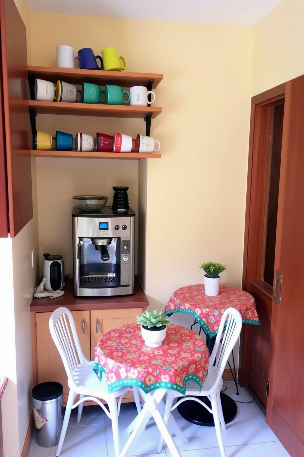 A cozy coffee station nestled in the corner of a small kitchen. The setup includes a sleek espresso machine on a wooden shelf, complemented by a collection of colorful mugs displayed above. The walls are painted in a warm cream tone, creating an inviting atmosphere. A small round table with two chairs sits nearby, adorned with a vibrant tablecloth and a small plant centerpiece.