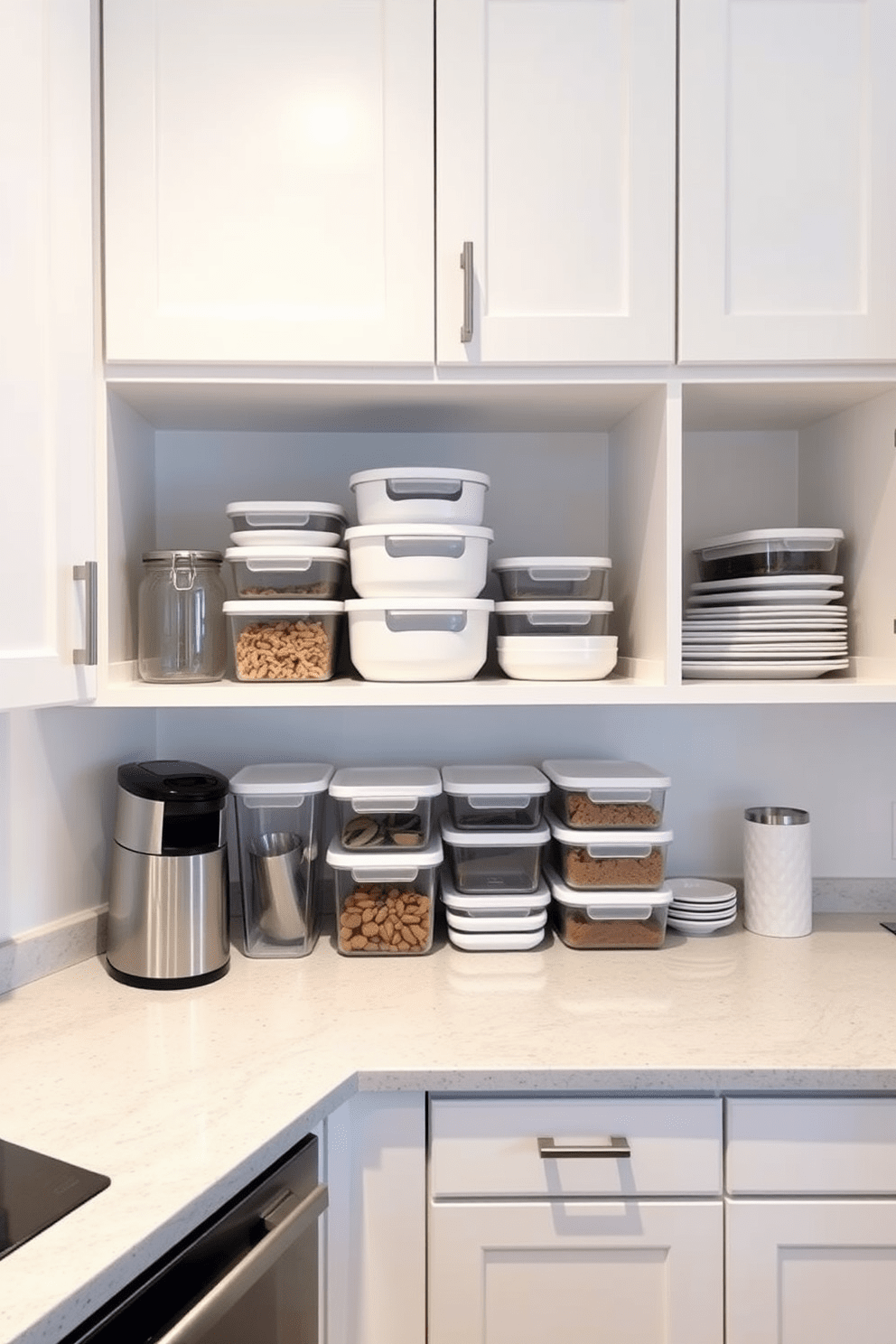 A small kitchen design featuring stackable storage containers arranged neatly on open shelves. The cabinetry is painted in a soft white, and the countertops are a light gray quartz, providing a clean and modern look.