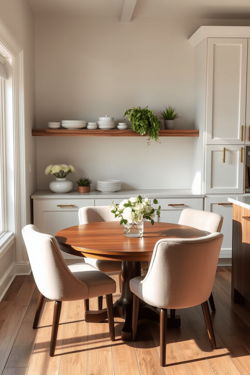 A cozy dining nook features a round wooden table surrounded by upholstered chairs in soft pastel tones. Natural light streams in through a nearby window, highlighting the delicate floral centerpiece on the table. The kitchen design incorporates open shelving made of reclaimed wood, displaying stylish dishware and plants. Sleek white cabinets with brushed gold hardware complement the warm tones of the wooden accents, creating an inviting atmosphere.