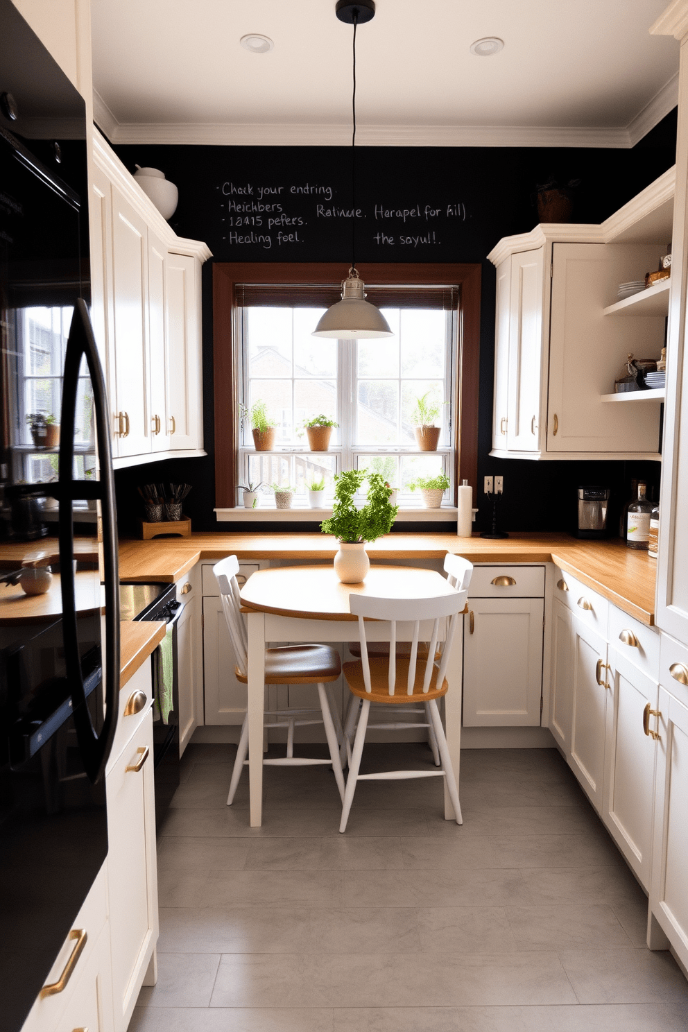 A cozy kitchen with a chalkboard wall for notes and reminders. The cabinetry is a soft white with brass hardware, and the countertops are a warm butcher block. A small dining table with four chairs sits in the center, surrounded by potted herbs on the windowsill. The floor features light gray tiles, and a pendant light hangs above the table, adding a touch of warmth.