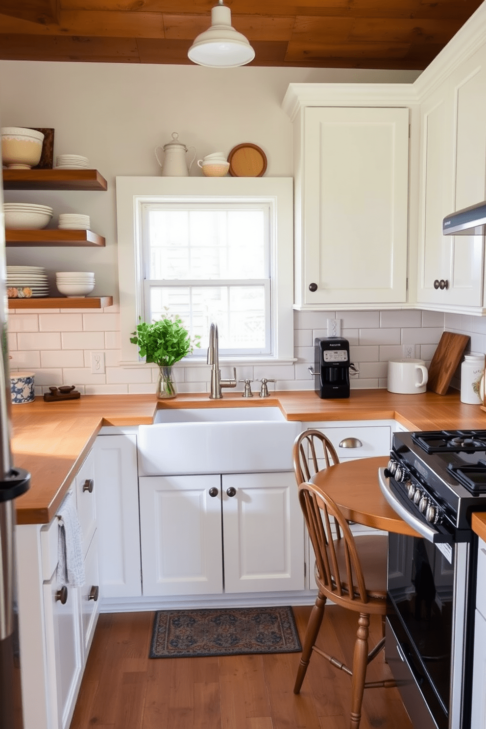 A charming small kitchen features a farmhouse sink as the focal point. The cabinetry is painted in a soft white, complemented by rustic wooden shelves displaying decorative dishware. The countertops are a warm butcher block, providing a cozy contrast to the sleek appliances. A small dining nook with a round table and vintage chairs adds an inviting touch to the space.