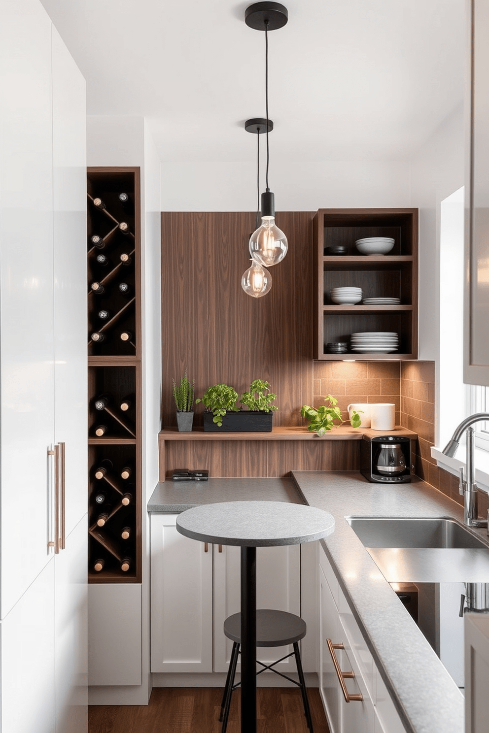 A cozy small kitchen design featuring a built-in wine rack made of dark wood. The kitchen includes sleek white cabinetry and a contrasting gray countertop, creating a modern yet inviting atmosphere. The space is enhanced with open shelving displaying stylish dishware and a small herb garden by the window. Soft pendant lighting hangs above a compact dining table, adding warmth to the overall design.