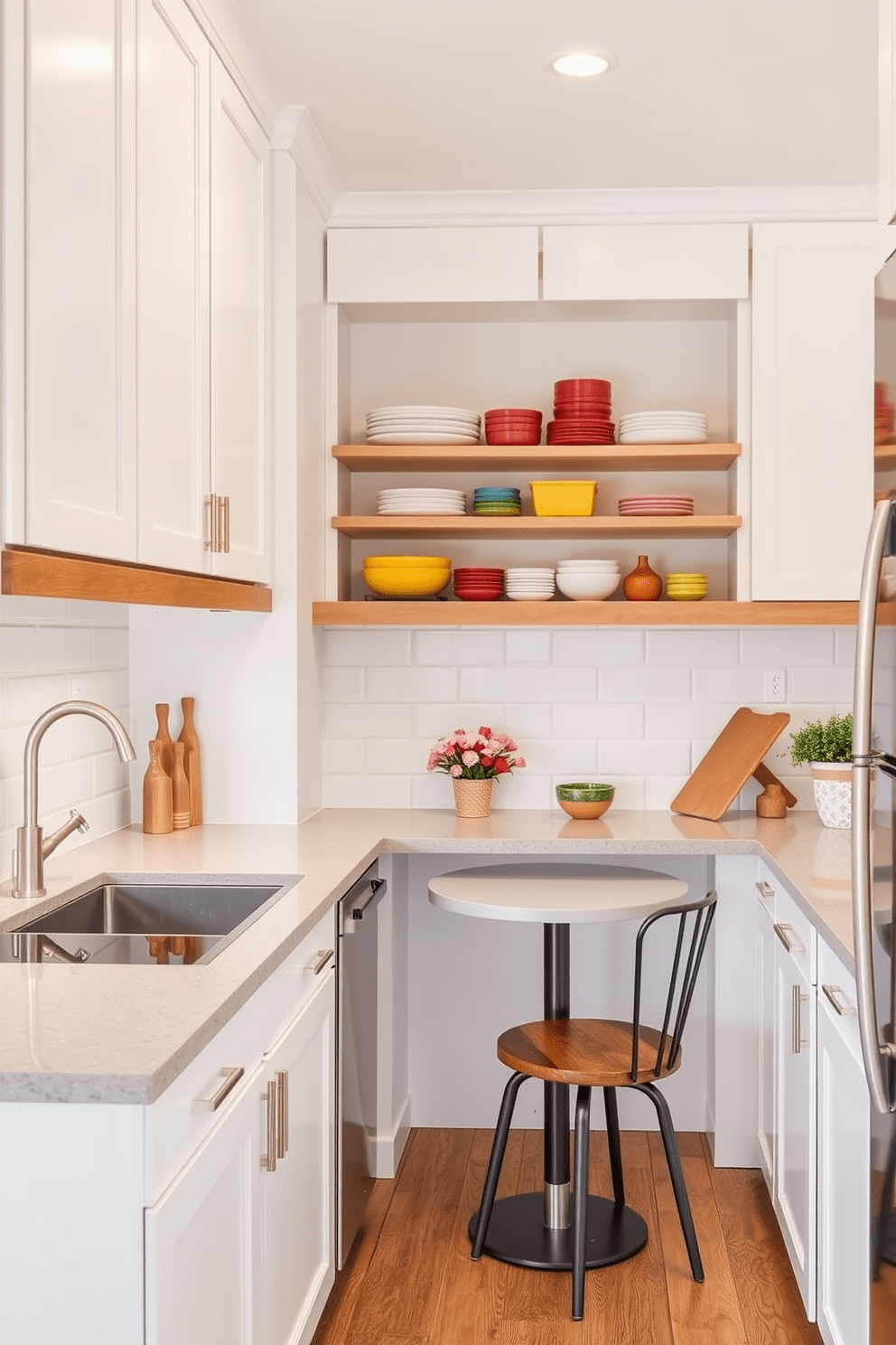 A cozy small kitchen design featuring soft white cabinets paired with warm wooden accents. The countertops are a light gray quartz, and a simple backsplash of white subway tiles adds a classic touch. Incorporate open shelving to display colorful dishware, creating a vibrant focal point. A small dining nook with a round table and two chairs enhances the functionality of the space while maintaining an inviting atmosphere.