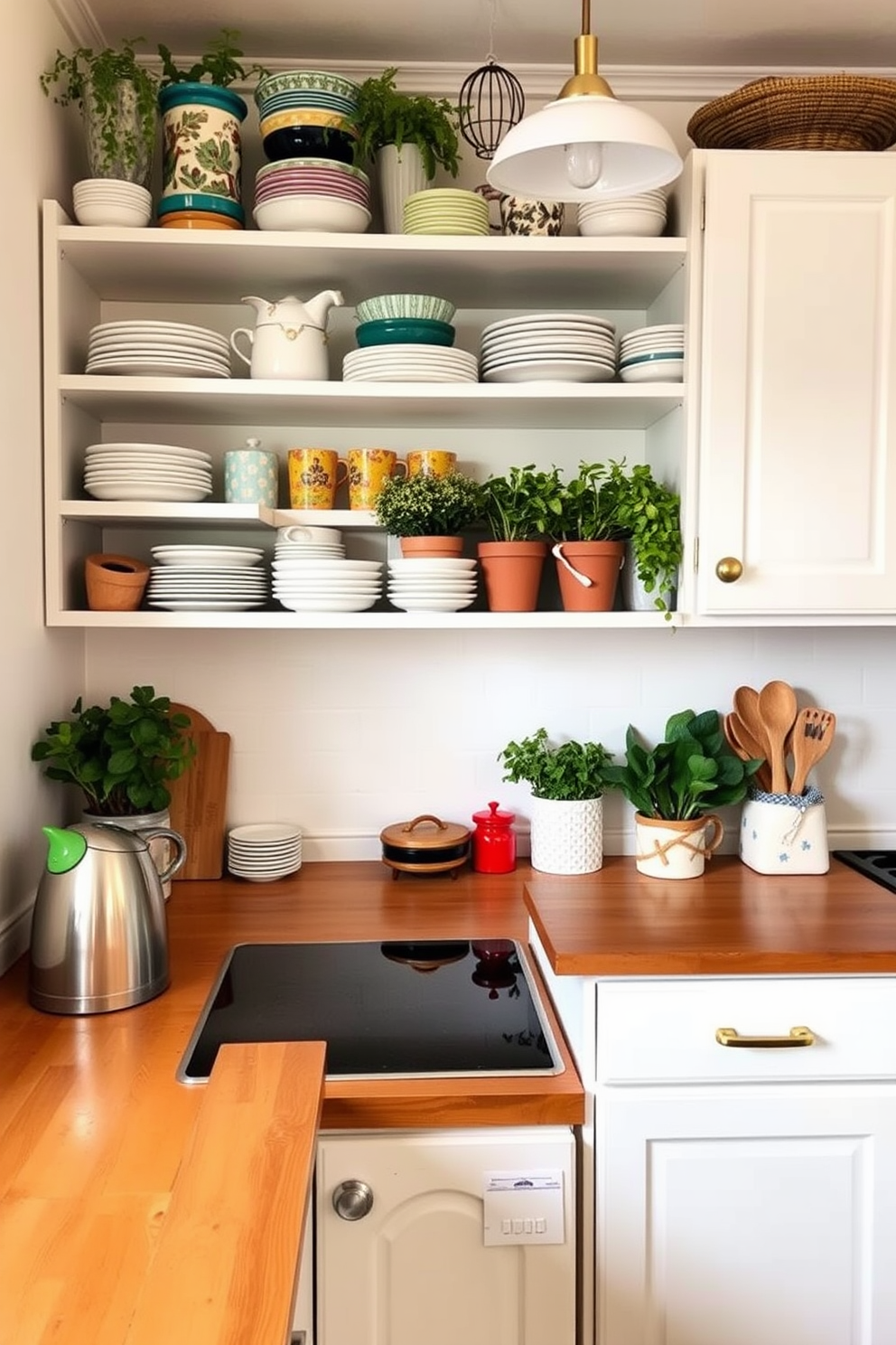 A cozy small kitchen featuring open shelving that displays an array of colorful dishware and potted herbs. The cabinetry is a soft white with brass hardware, and the countertops are a warm wood, creating a welcoming atmosphere.