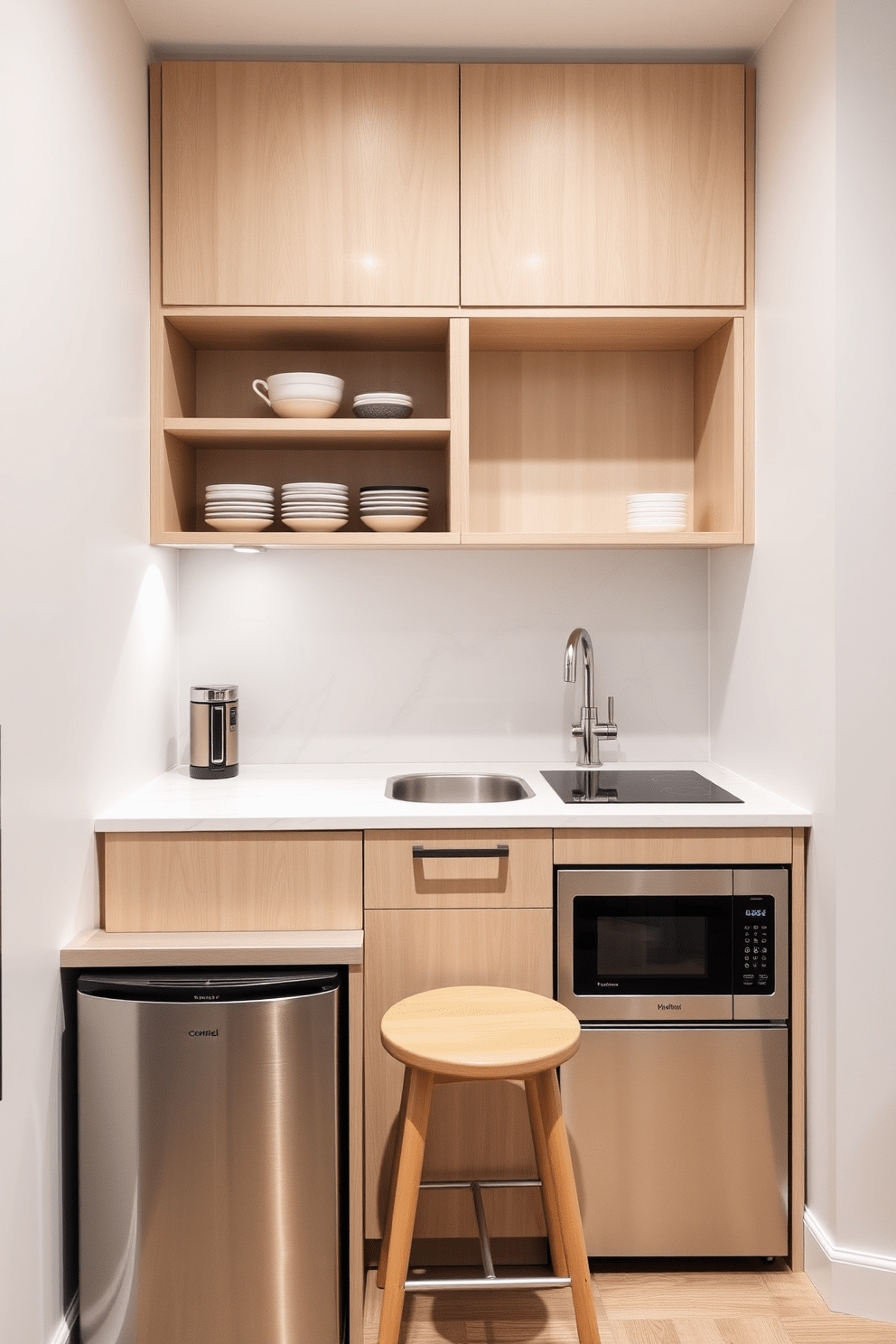 A small kitchen design featuring compact appliances for maximum efficiency. The layout includes a space-saving refrigerator, a slim dishwasher, and a microwave oven integrated into the cabinetry. The countertops are made of quartz with a light finish, providing a bright and airy feel. Open shelving above the countertops displays stylish dishware, while a small dining nook with two stools is positioned against the wall.