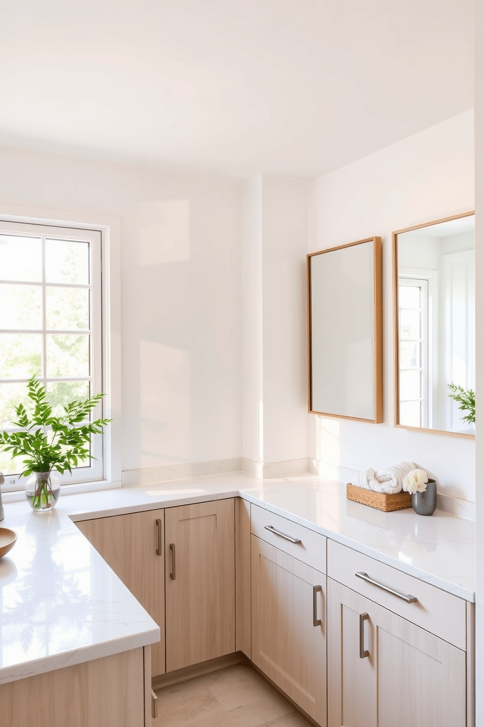 A small kitchen design featuring a bright and airy atmosphere. The walls are painted in a soft white color, complemented by light wood cabinetry and a sleek marble countertop. A large window allows natural light to flood the space, creating a warm and inviting environment. To enhance light reflection, two stylish mirrors are strategically placed above the sink and on the opposite wall.