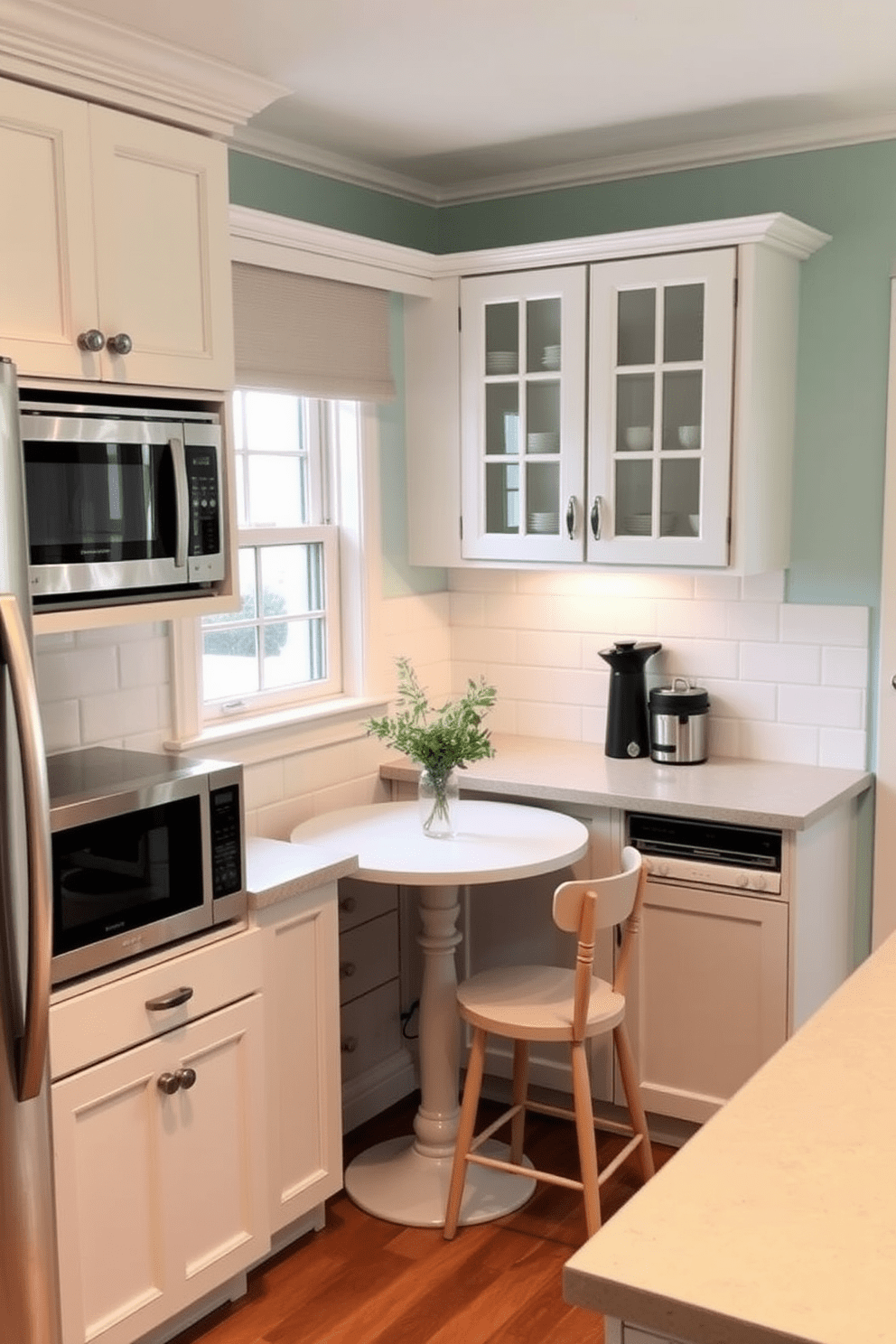 A small kitchen with a cozy atmosphere featuring corner cabinets to maximize storage space. The cabinets are painted in a soft white, complemented by a light gray countertop and modern stainless steel appliances. The walls are adorned with a cheerful pastel color, enhancing the inviting feel of the room. A small dining table with two chairs is nestled by a window, adorned with a simple vase of fresh herbs.