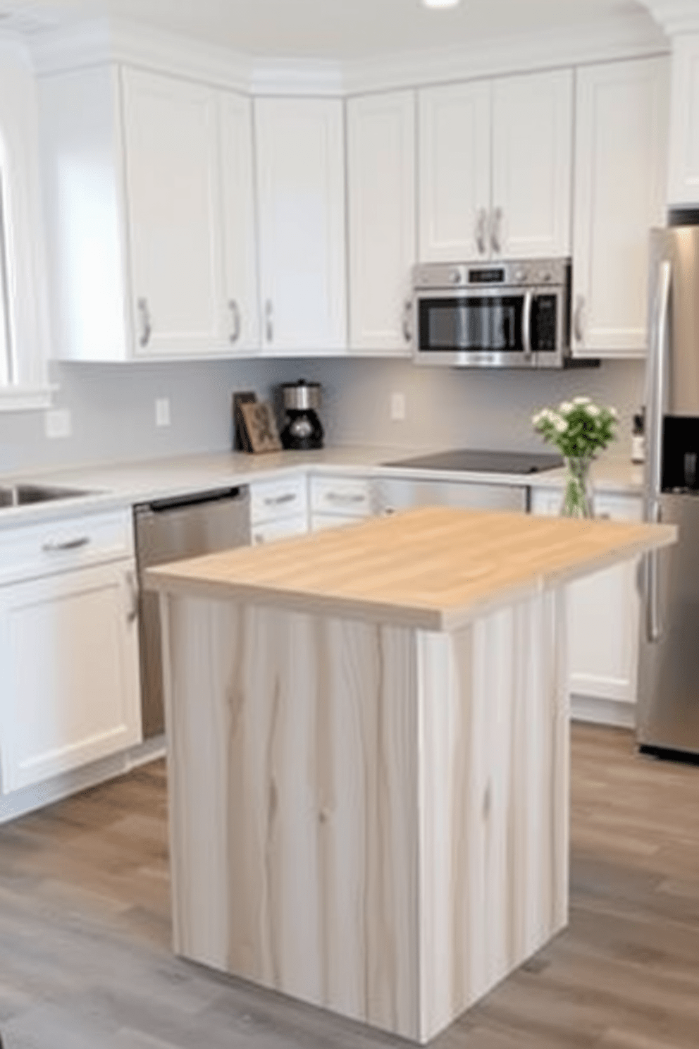 A compact kitchen island with a sleek design is the focal point of this small kitchen. The island features a light wood finish and includes bar seating on one side, perfect for casual dining. Surrounding the island, the kitchen boasts white cabinetry with minimalist hardware, creating a clean and modern look. A subtle backsplash in soft gray complements the countertops, enhancing the overall aesthetic of the space.