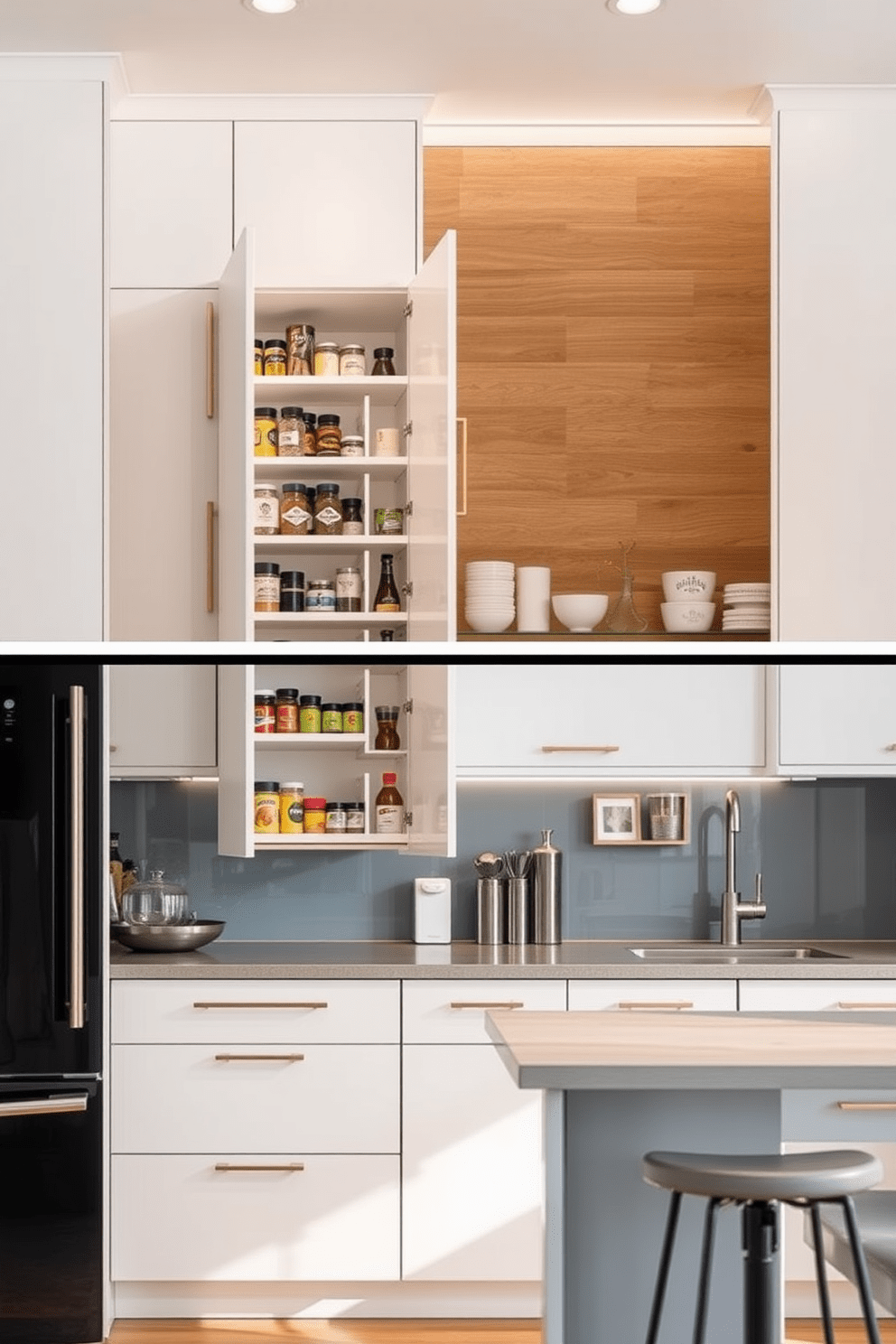 A small kitchen design featuring efficient pull-out pantry solutions. The cabinetry is sleek and modern, with a combination of white and natural wood finishes that create a bright and inviting atmosphere. The pull-out pantry is seamlessly integrated into the cabinetry, showcasing organized shelves filled with spices and dry goods. A compact island with bar stools adds functionality and provides additional prep space, enhancing the overall usability of the kitchen.