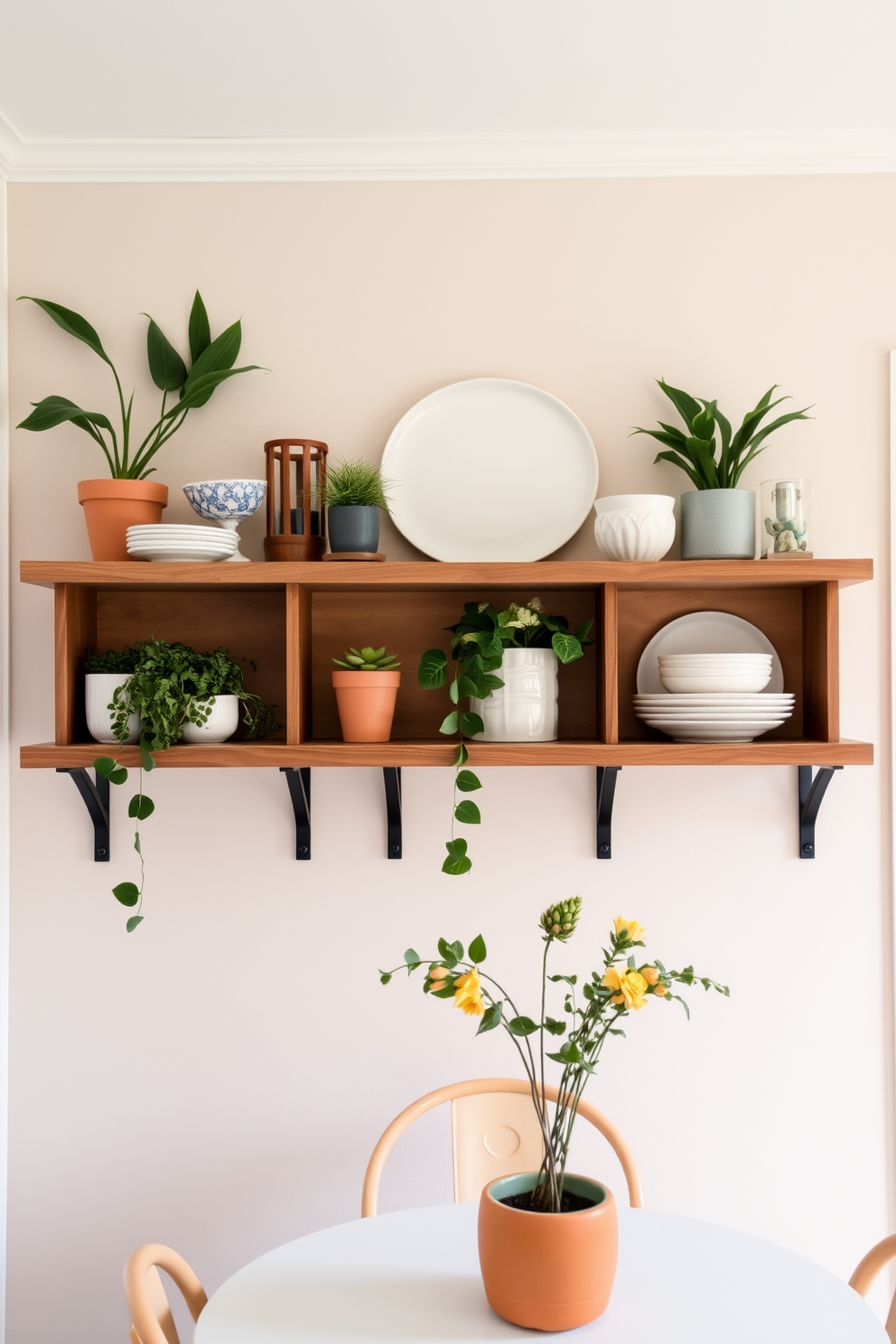 A small kitchen dining room features floating shelves adorned with decorative accents such as potted plants and stylish dishware. The walls are painted in a soft pastel color, creating a warm and inviting atmosphere.